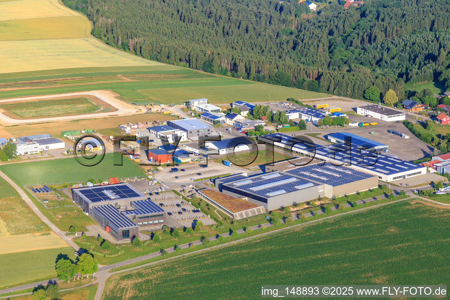 Industrial area from the east with Solera GmbH, AERO-LIFT Vakuumtechnik GmbH and grashobber GmbH in the district Binsdorf in Geislingen in the state Baden-Wuerttemberg, Germany