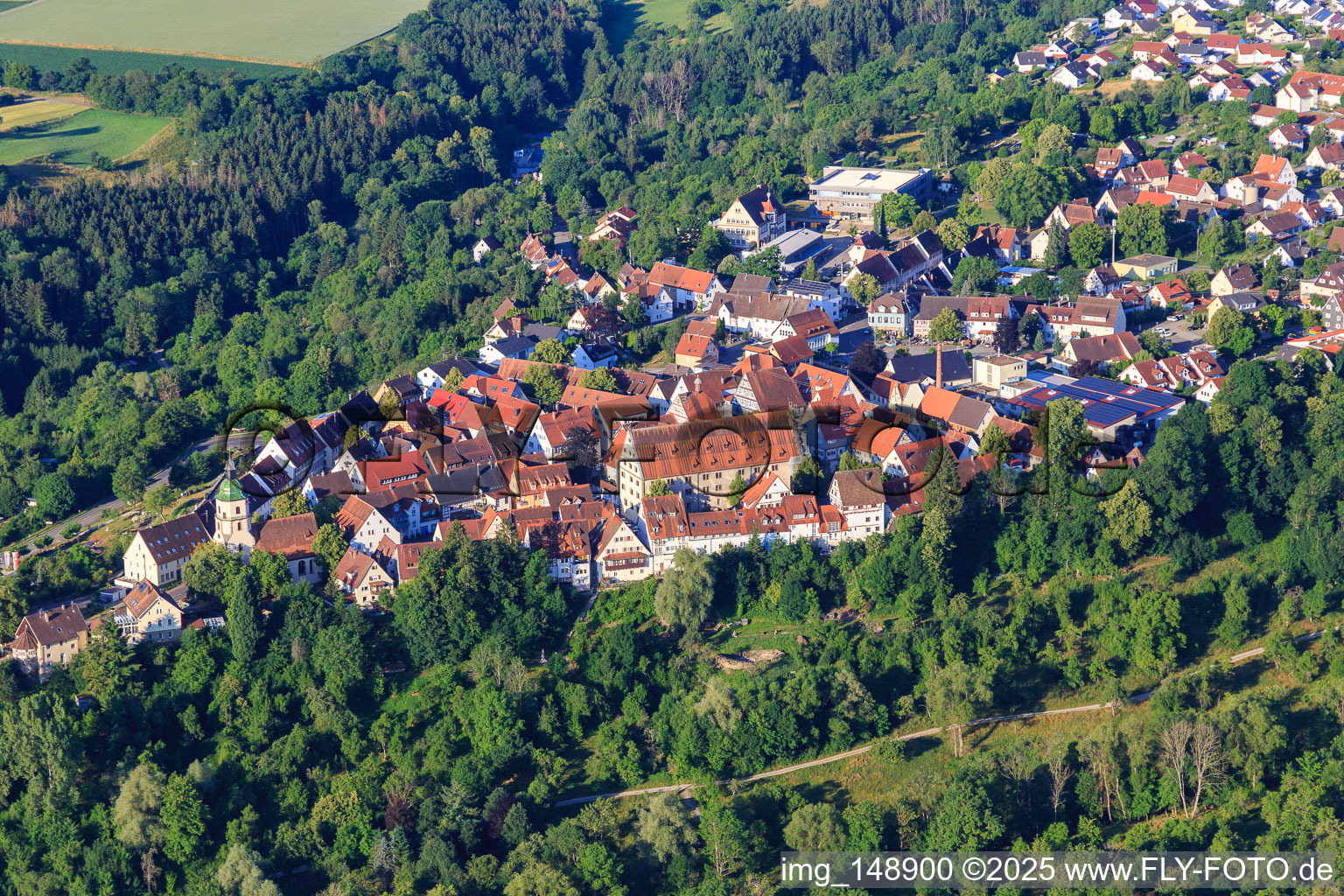 Oblique view of Historic town center with Fruchtkasten and town church in Rosenfeld in the state Baden-Wuerttemberg, Germany