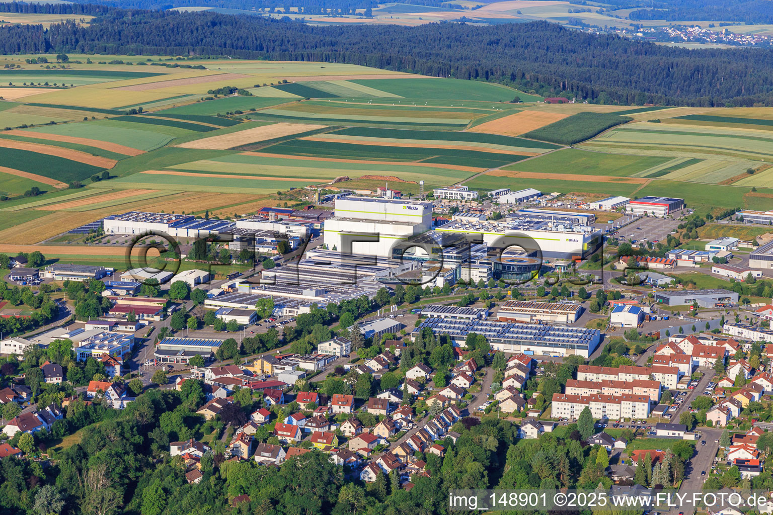 Aerial view of Maybachstraße industrial park with Sülzle Stahlpartner GmbH, Flexco Europe GmbH, euroTECH Handling GmbH, chefbeschlag GmbH, MAFU Group, and Blickle Räder+Rollen GmbH u. Co. KG in Rosenfeld in the state Baden-Wuerttemberg, Germany