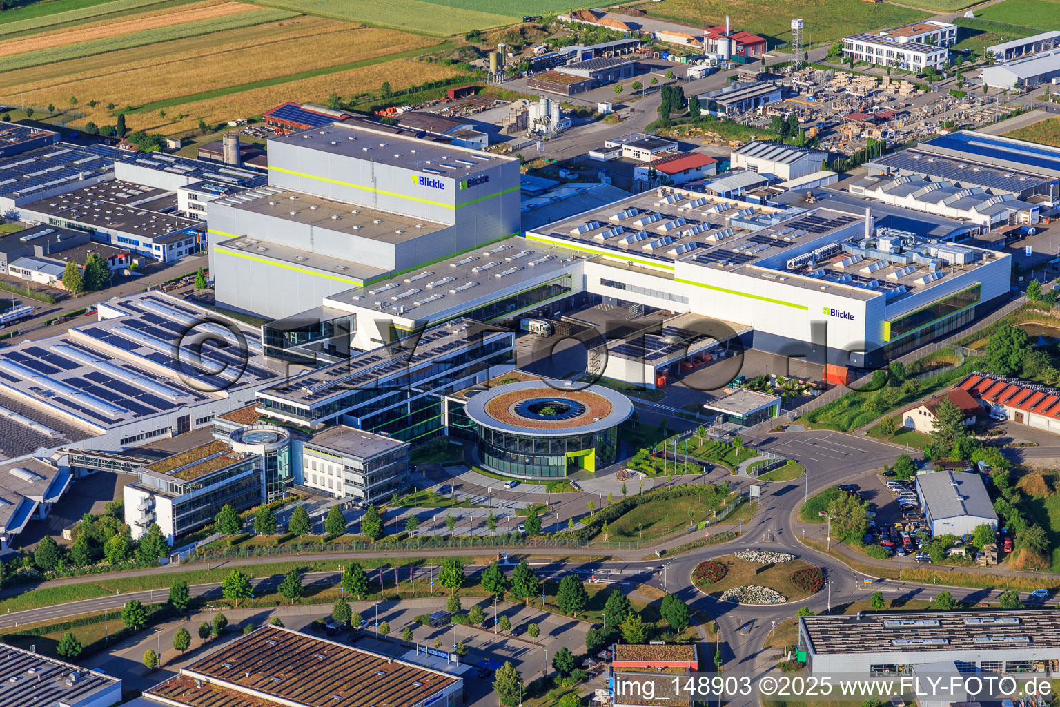 Aerial view of Heinrich-Blickle-Straße industrial park with chefbeschlag GmbH, MAFU Group, and Blickle Räder+Rollen GmbH u. Co. KG in Rosenfeld in the state Baden-Wuerttemberg, Germany