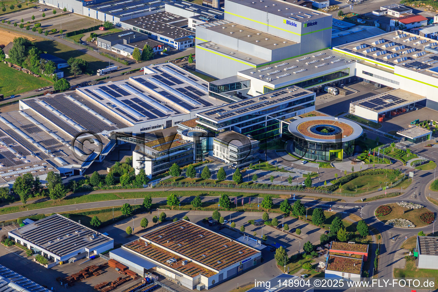 Aerial photograpy of Heinrich-Blickle-Straße industrial park with chefbeschlag GmbH, MAFU Group, and Blickle Räder+Rollen GmbH u. Co. KG in Rosenfeld in the state Baden-Wuerttemberg, Germany