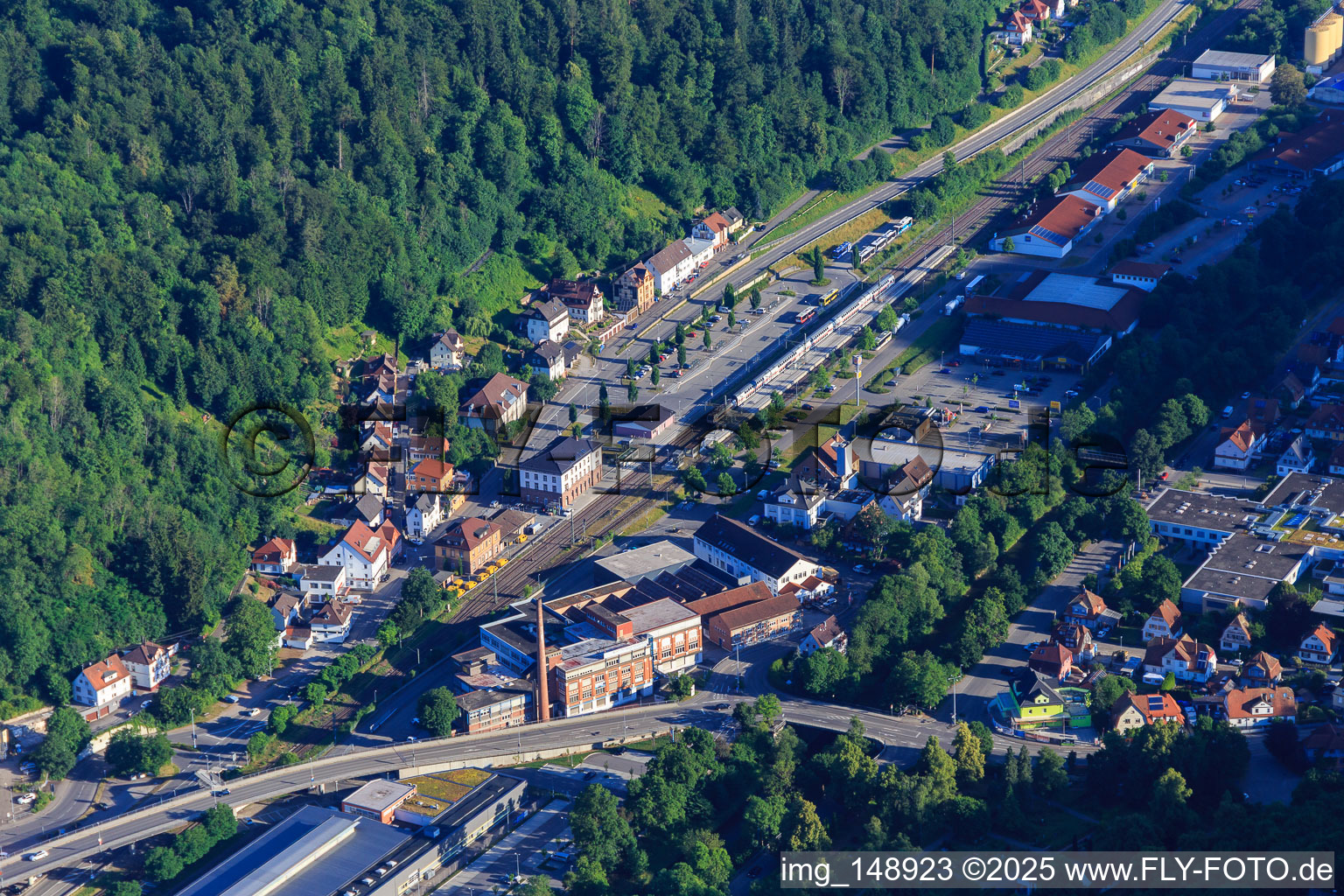 Oberndorf (Neckar) train station and HK-Präzisionstechnik GmbH in Oberndorf am Neckar in the state Baden-Wuerttemberg, Germany