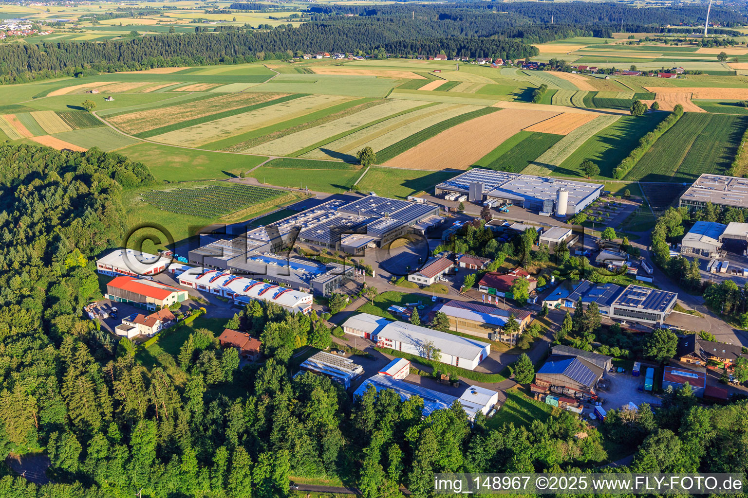 Aerial view of Oberwiesachstraße industrial area with ROHE Technology GmbH, Pewe Weidlich GmbH, SuperAlloy Manufaktur GmbH and Dobergo GmbH & Co. KG in the district Betzweiler in Loßburg in the state Baden-Wuerttemberg, Germany