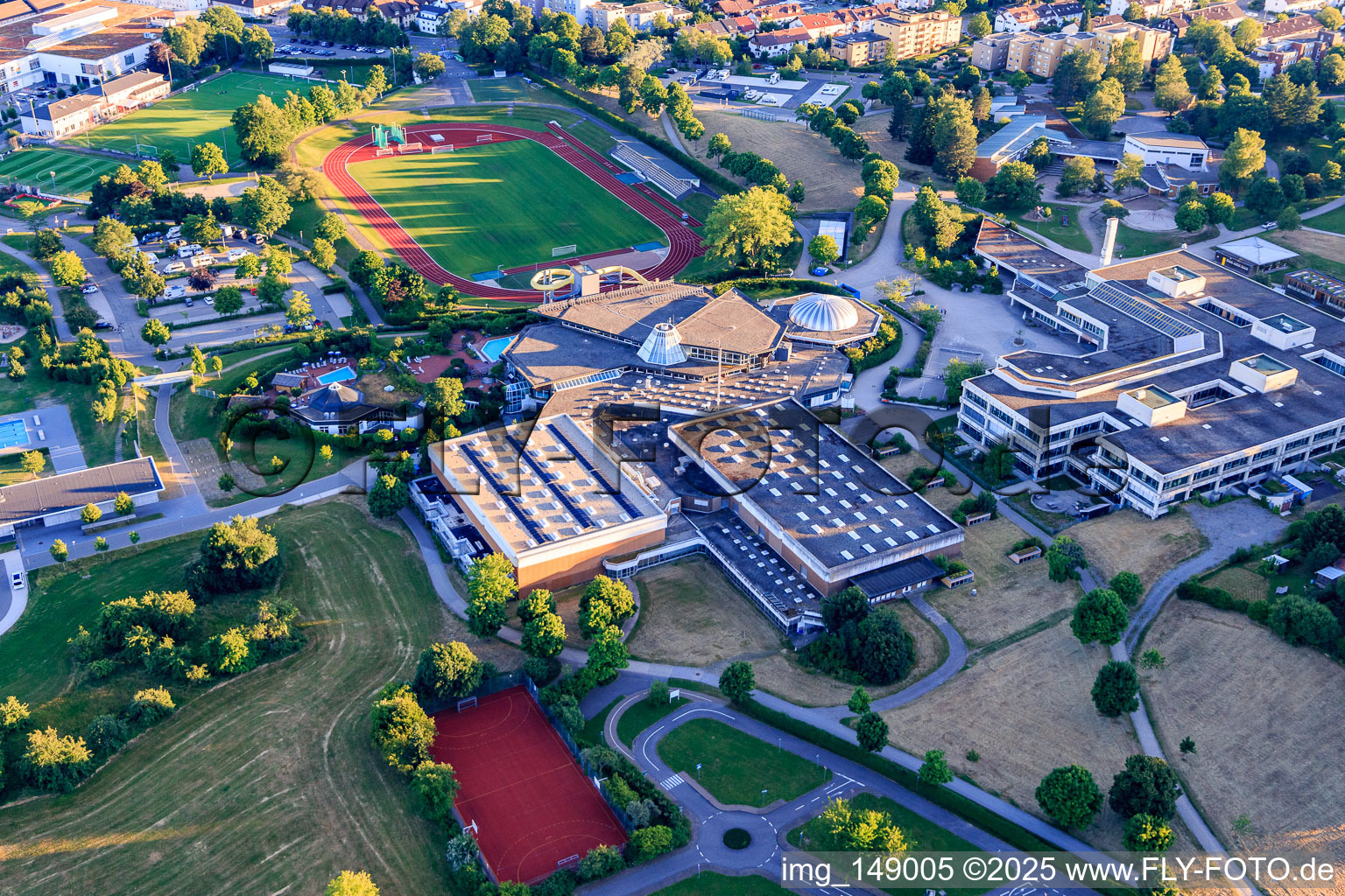 Panorama-Bad Freudenstadt, Hermann-Saam-Sportfeld of the Spielvereinigung Freudenstad, Theodor-Gerhardt-Schule, Kepler Gymnasium, Youth Traffic School Freudenstadt, Stadium Hall and District Hall in Freudenstadt in the state Baden-Wuerttemberg, Germany