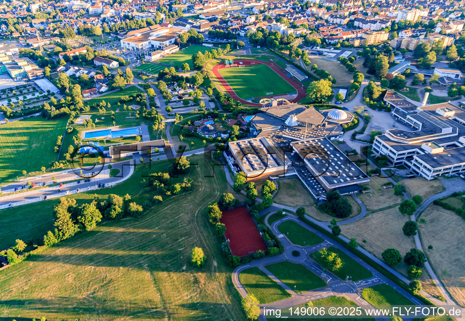 Panorama pool and outdoor pool Freudenstadt, Hermann-Saam sports field of the Freudenstad sports club, Kepler Gymnasium, youth traffic school Freudenstadt, stadium hall and district hall in Freudenstadt in the state Baden-Wuerttemberg, Germany