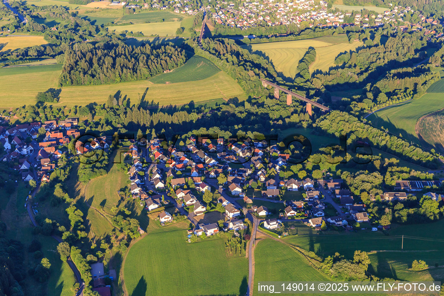 Village view with Kübelbach viaduct for the railway from the west in the district Grüntal in Freudenstadt in the state Baden-Wuerttemberg, Germany