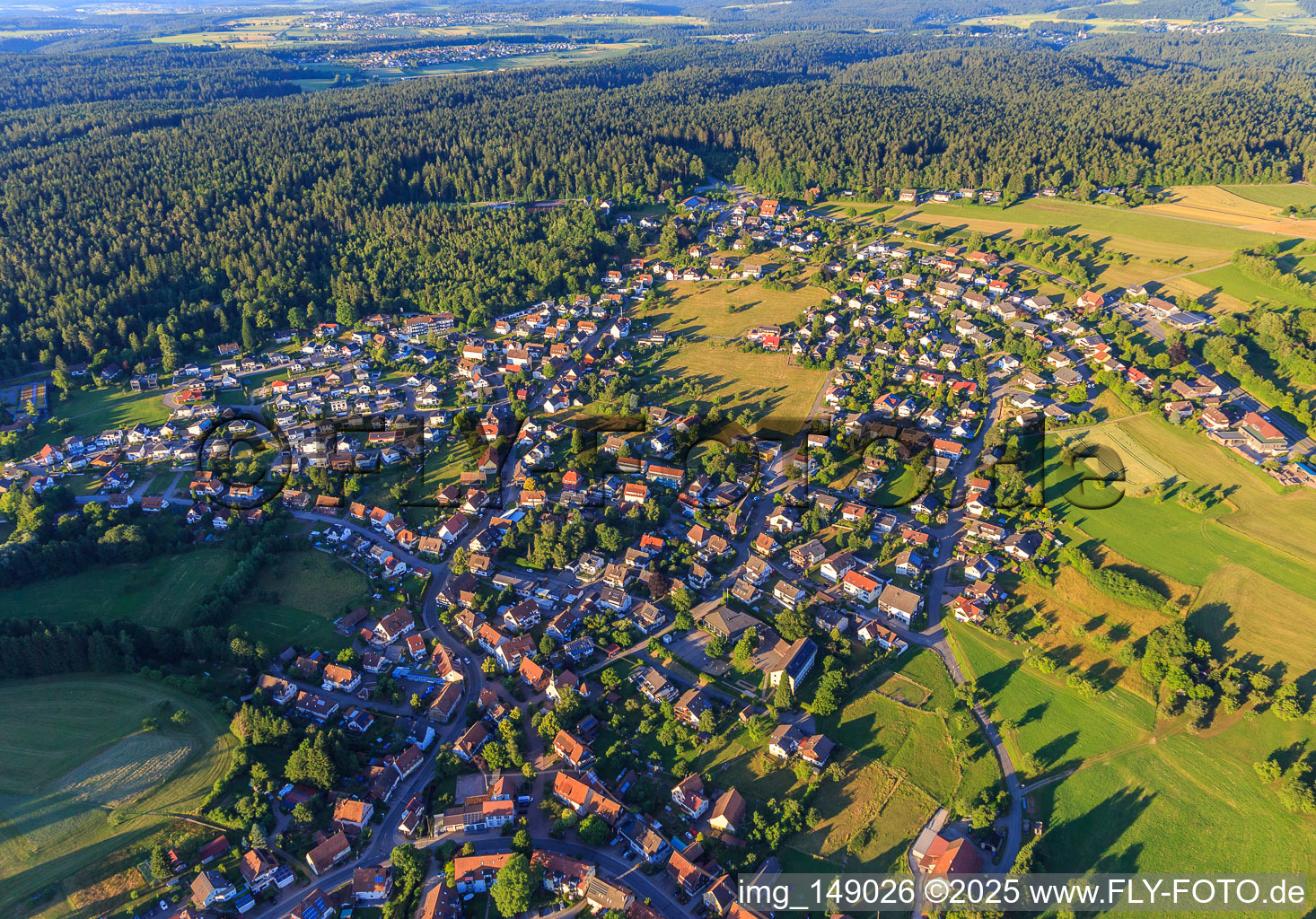 Village overview from the west in the district Hallwangen in Dornstetten in the state Baden-Wuerttemberg, Germany