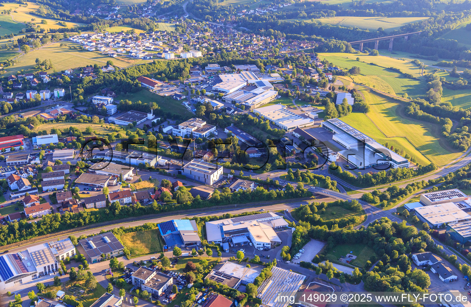 Hochgerichtstraße industrial area from the east with Nedo GmbH & Co. KG surveying equipment and Kläger Spritzguss GmbH & Co. KG in Dornstetten in the state Baden-Wuerttemberg, Germany