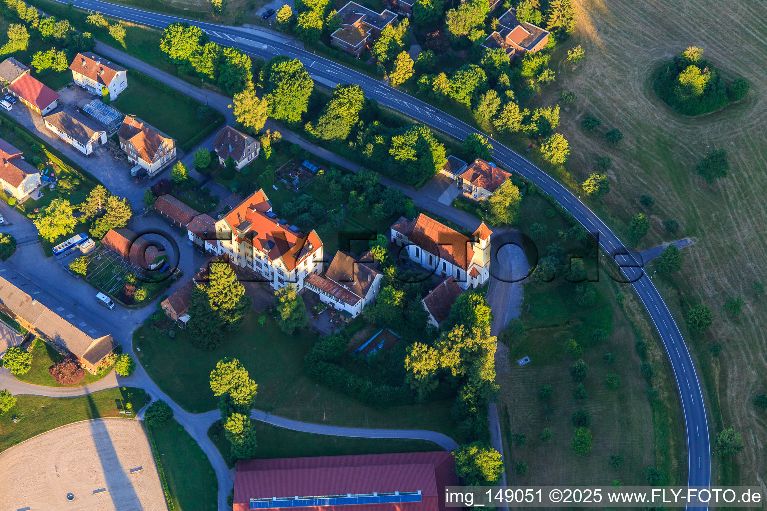 Aerial view of Heiligenbronn Riding Centre of the RC Heiligenbronn eV at the Heiligenbronn Pilgrimage Church in the district Salzstetten in Waldachtal in the state Baden-Wuerttemberg, Germany