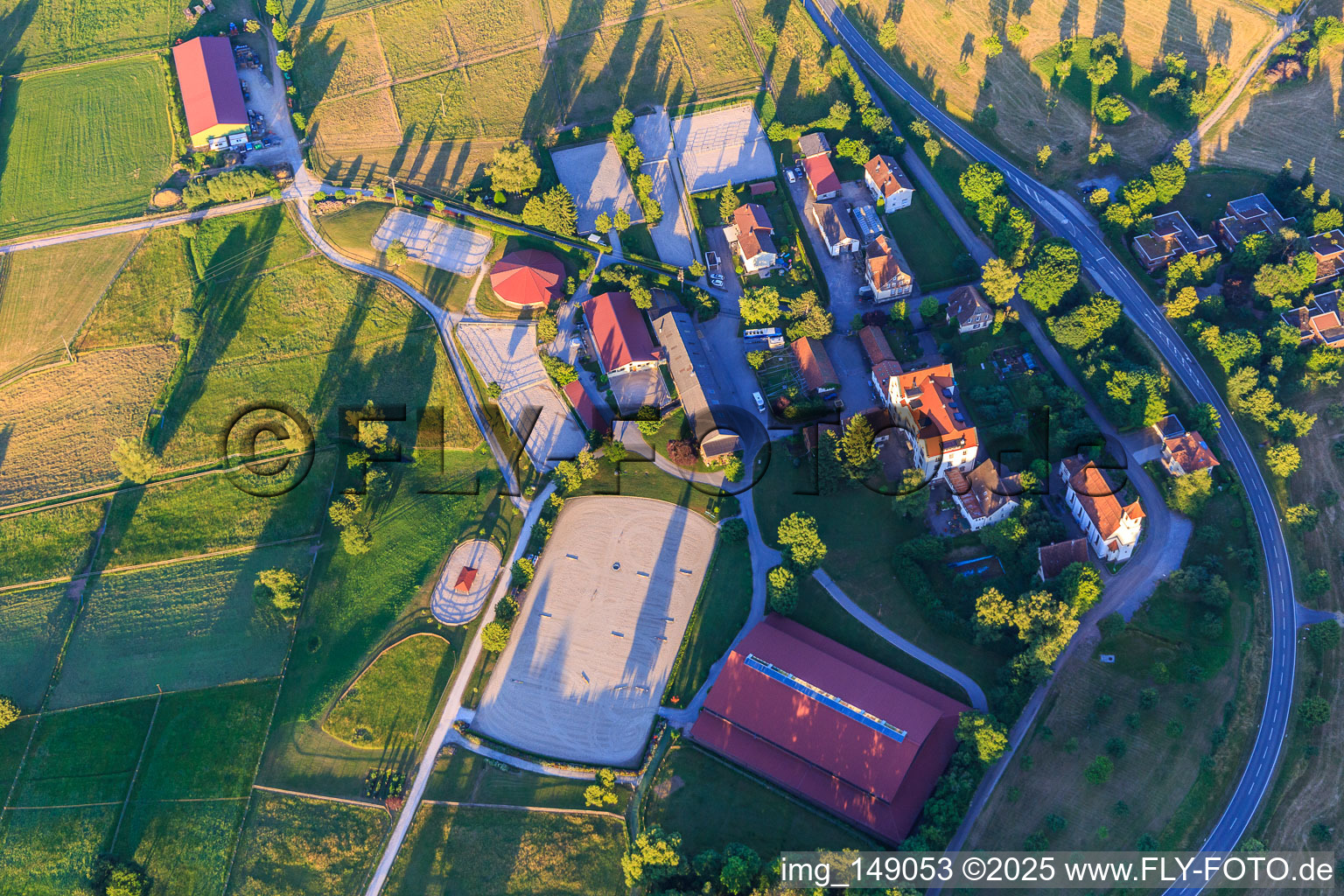 Aerial photograpy of Heiligenbronn Riding Centre of the RC Heiligenbronn eV at the Heiligenbronn Pilgrimage Church in the district Salzstetten in Waldachtal in the state Baden-Wuerttemberg, Germany