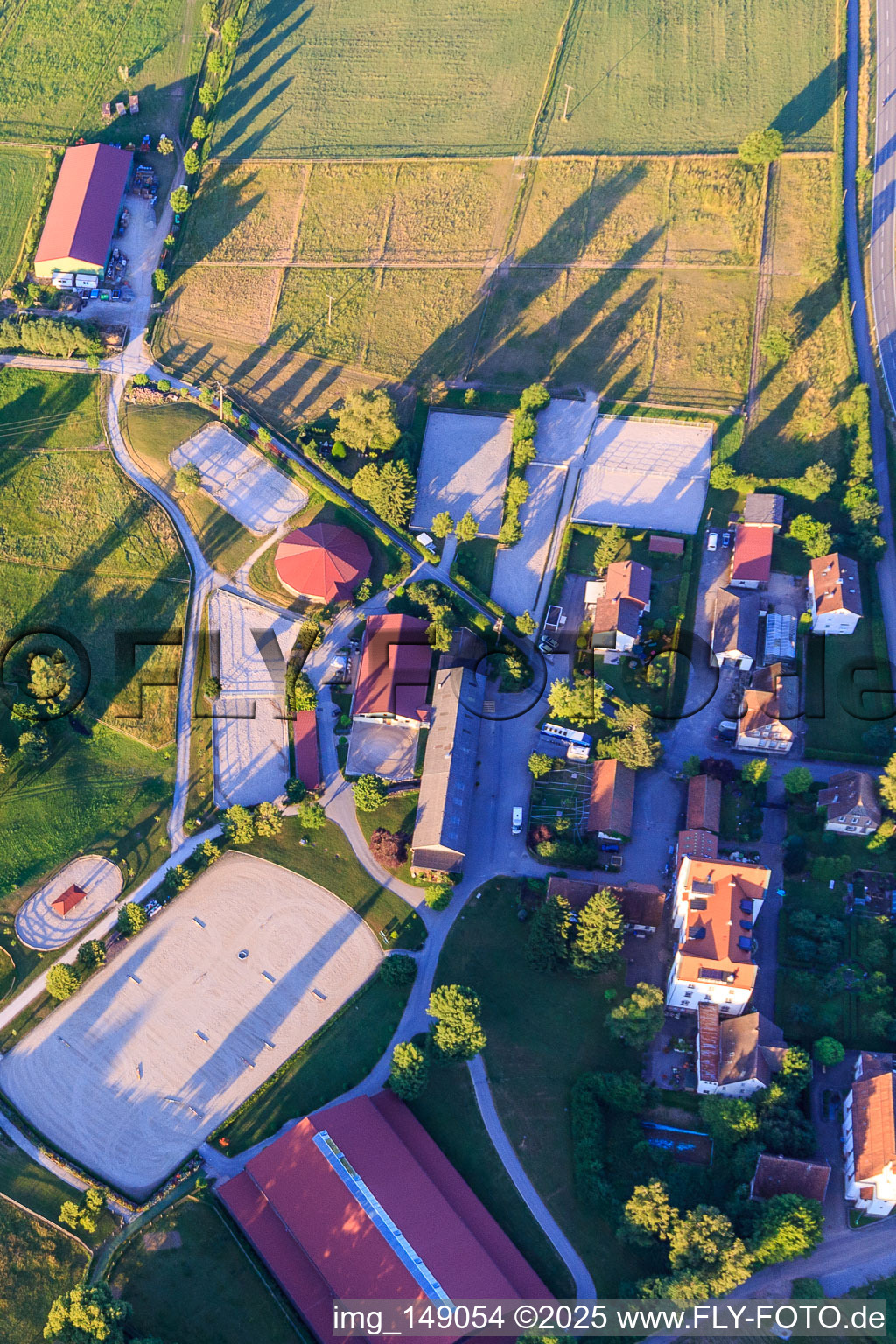 Oblique view of Heiligenbronn Riding Centre of the RC Heiligenbronn eV at the Heiligenbronn Pilgrimage Church in the district Salzstetten in Waldachtal in the state Baden-Wuerttemberg, Germany