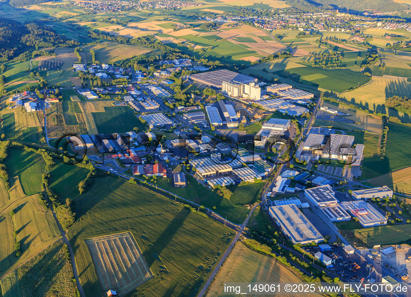 Industrial area Industriestraße with Schäflein Logistics GmbH, fischer Werkzeug- und Formenbau GmbH, Maschinenfabrik Lauffer GmbH & Co. KG, P3 Logistic Parks, Volz Luftfilter GmbH & Co. KG, and Rettenmeier Mühle GmbH, ALBA Süd GmbH & Co. KG - Horb in Horb am Neckar in the state Baden-Wuerttemberg, Germany