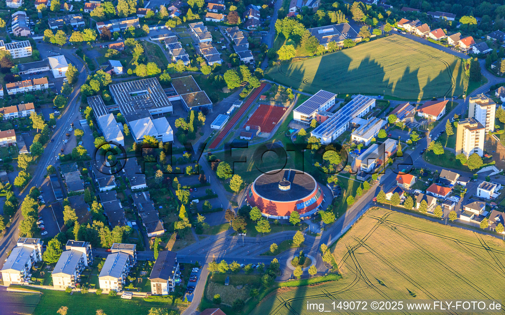 Aerial view of Round Hohenberghalle, Bishop Sproll Nursing Home and Bishop Sproll Nursing Home in Horb am Neckar in the state Baden-Wuerttemberg, Germany