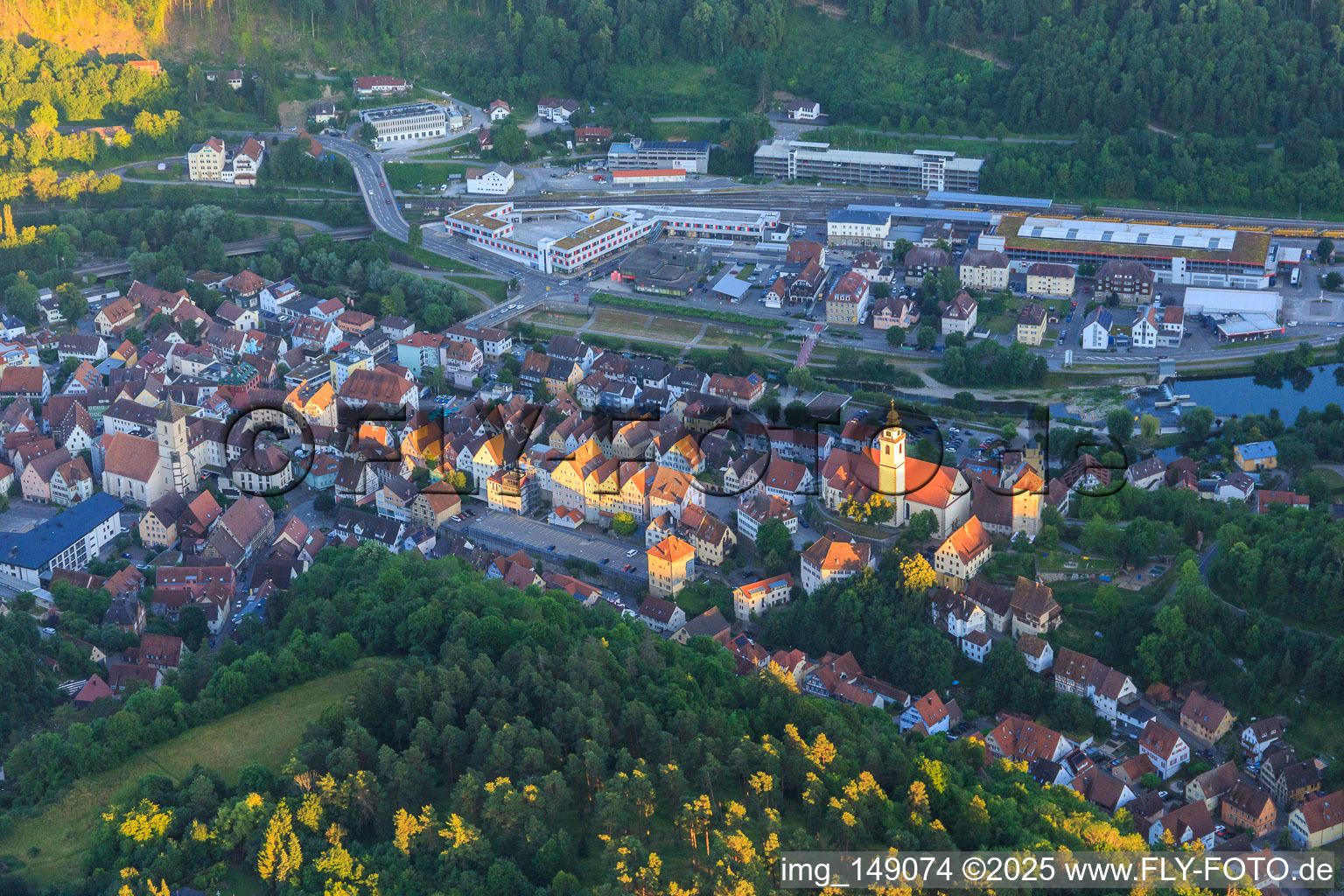 Old town with Marktstraße, Hohenberg Castle and Holy Cross Collegiate Church in Horb am Neckar in the state Baden-Wuerttemberg, Germany
