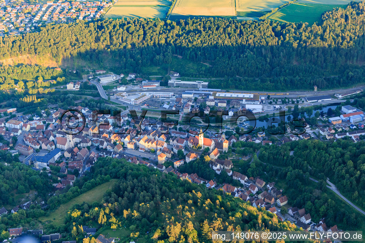 Aerial view of Old town with Marktstraße, Hohenberg Castle and Holy Cross Collegiate Church in Horb am Neckar in the state Baden-Wuerttemberg, Germany
