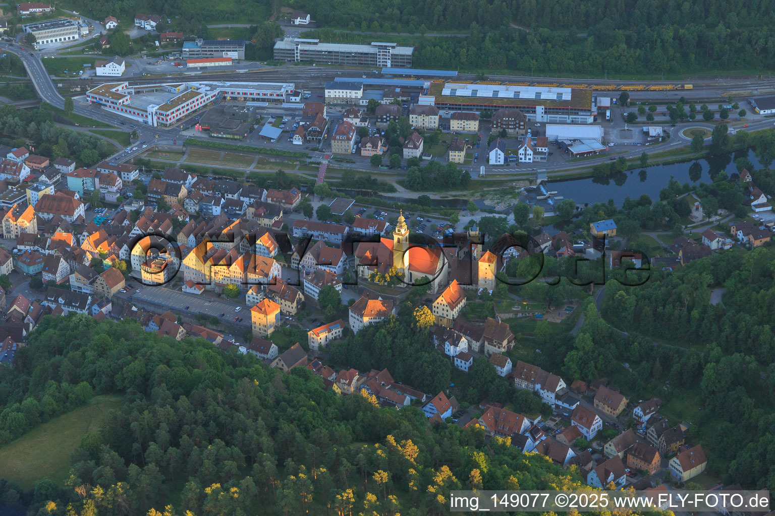 Aerial photograpy of Old town with Marktstraße, Hohenberg Castle and Holy Cross Collegiate Church in Horb am Neckar in the state Baden-Wuerttemberg, Germany