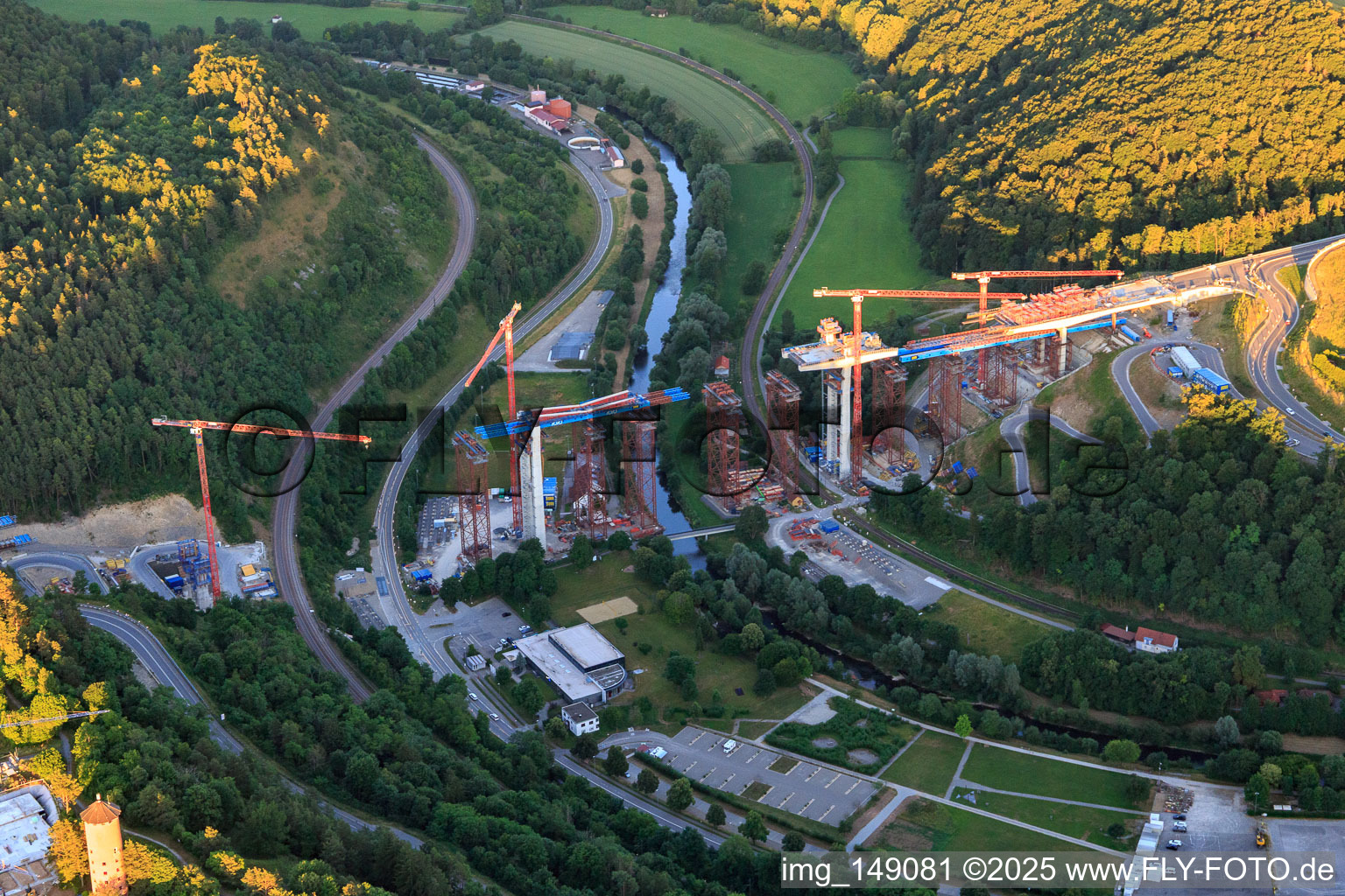 Aerial view of Construction site of the Neckartal High Bridge Horb am Neckar for crossing the Neckar for the B32 / B28 in the district Nordstetten in Horb am Neckar in the state Baden-Wuerttemberg, Germany