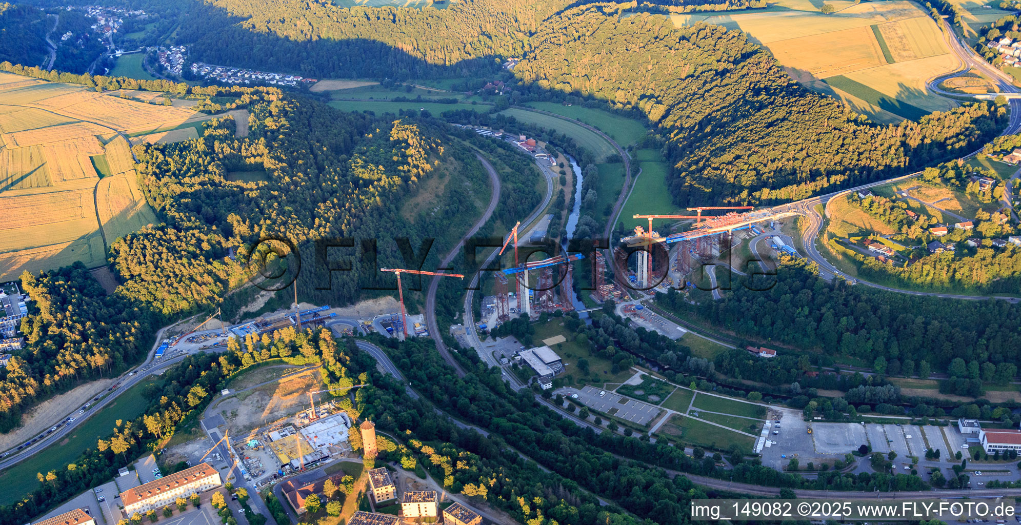 Aerial photograpy of Construction site of the Neckartal High Bridge Horb am Neckar for crossing the Neckar for the B32 / B28 in the district Nordstetten in Horb am Neckar in the state Baden-Wuerttemberg, Germany