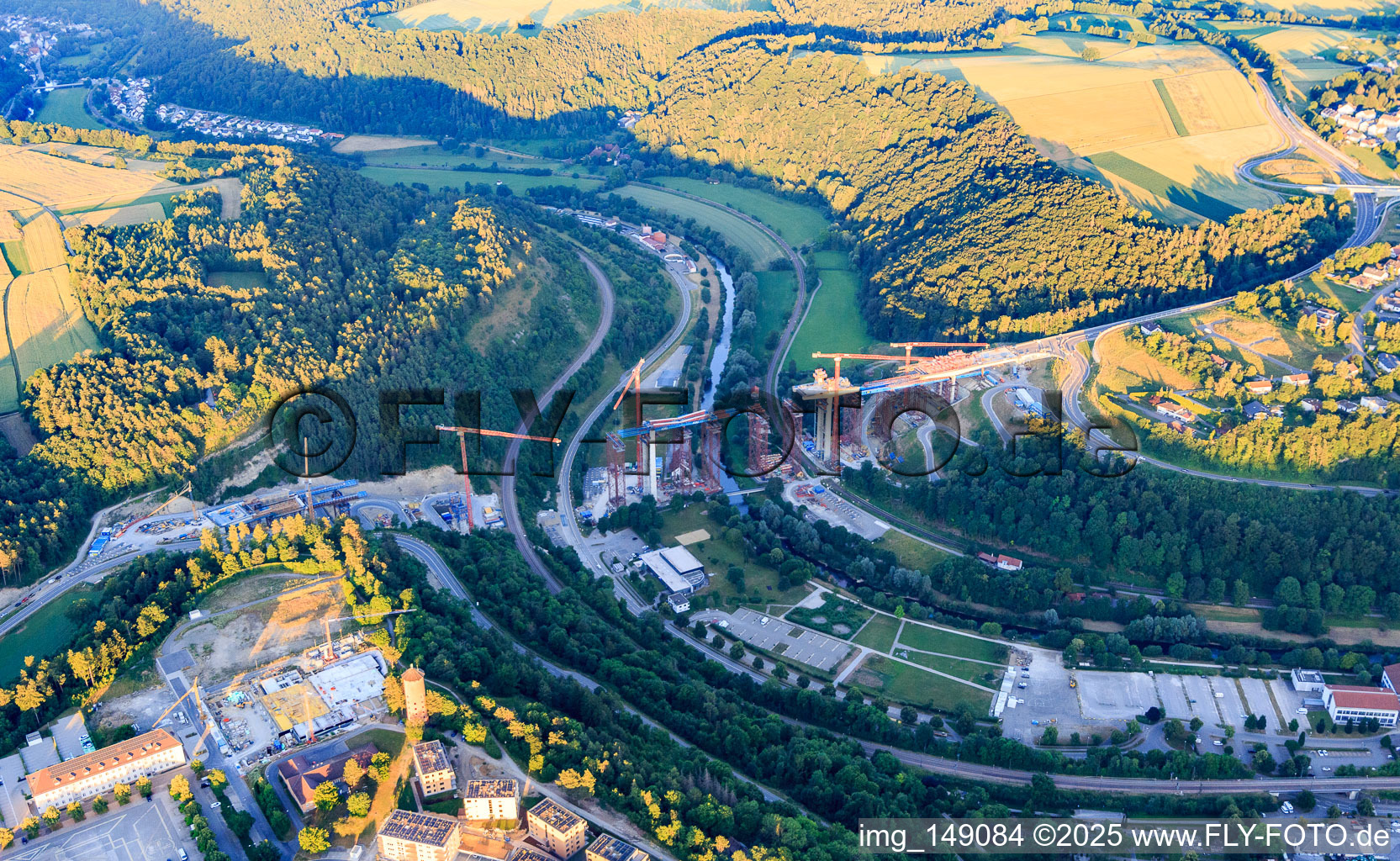 Oblique view of Construction site of the Neckartal High Bridge Horb am Neckar for crossing the Neckar for the B32 / B28 in the district Nordstetten in Horb am Neckar in the state Baden-Wuerttemberg, Germany