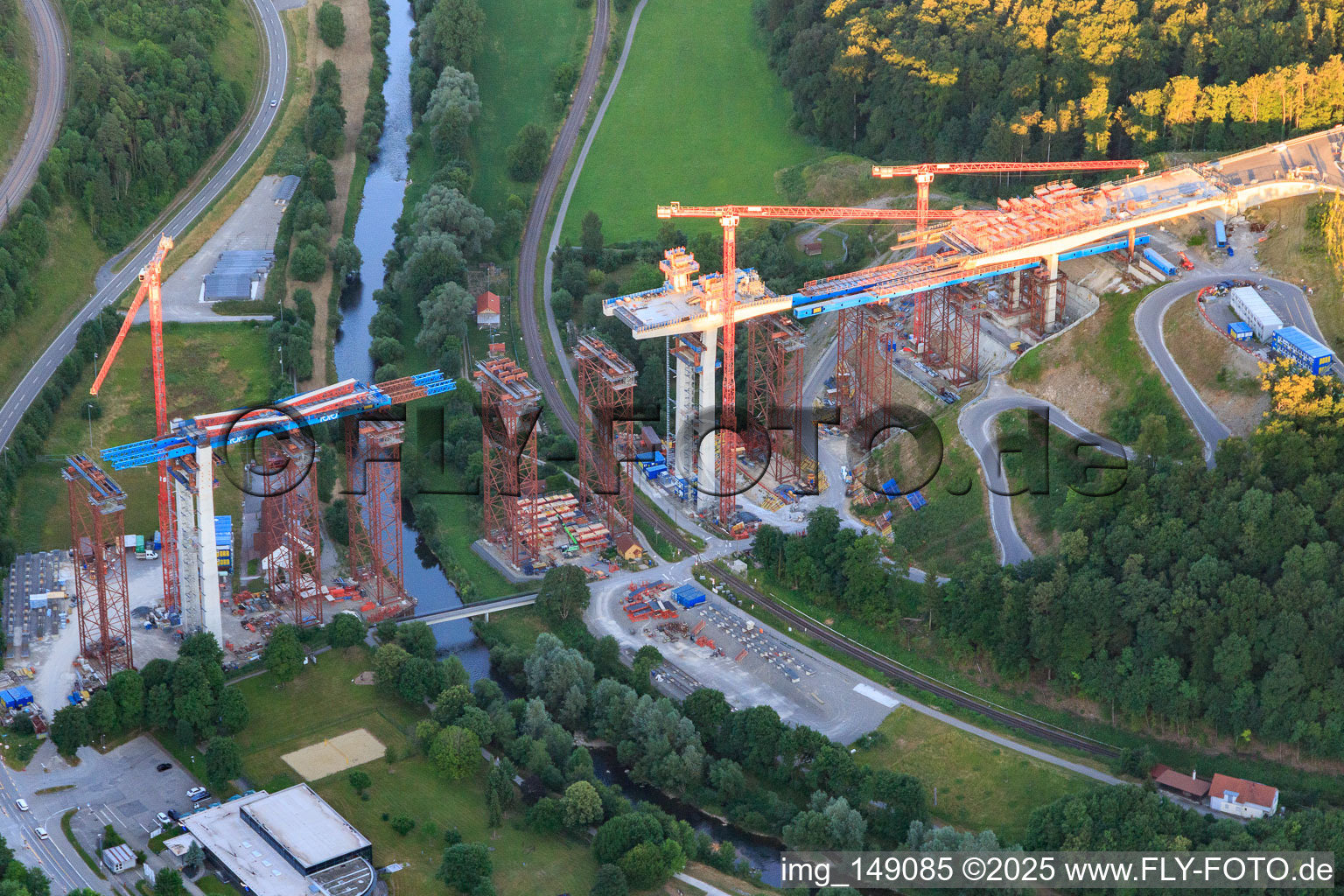 Construction site of the Neckartal High Bridge Horb am Neckar for crossing the Neckar for the B32 / B28 in the district Nordstetten in Horb am Neckar in the state Baden-Wuerttemberg, Germany from above