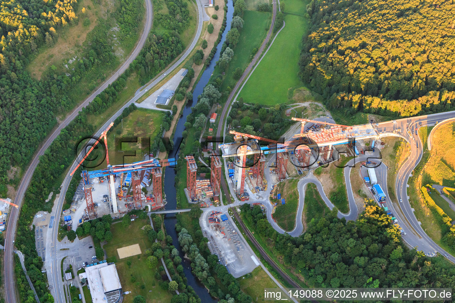 Construction site of the Neckartal High Bridge Horb am Neckar for crossing the Neckar for the B32 / B28 in the district Nordstetten in Horb am Neckar in the state Baden-Wuerttemberg, Germany out of the air