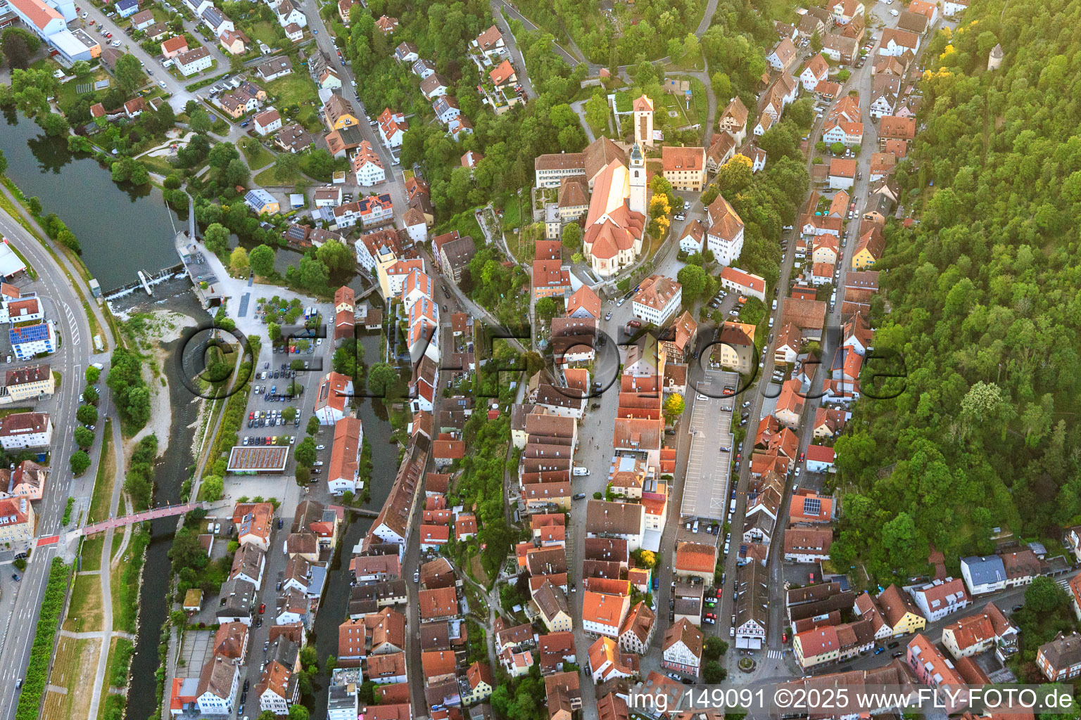 Old town view from the east with Marktstraße, Hohenberg Castle and Holy Cross Collegiate Church in Horb am Neckar in the state Baden-Wuerttemberg, Germany