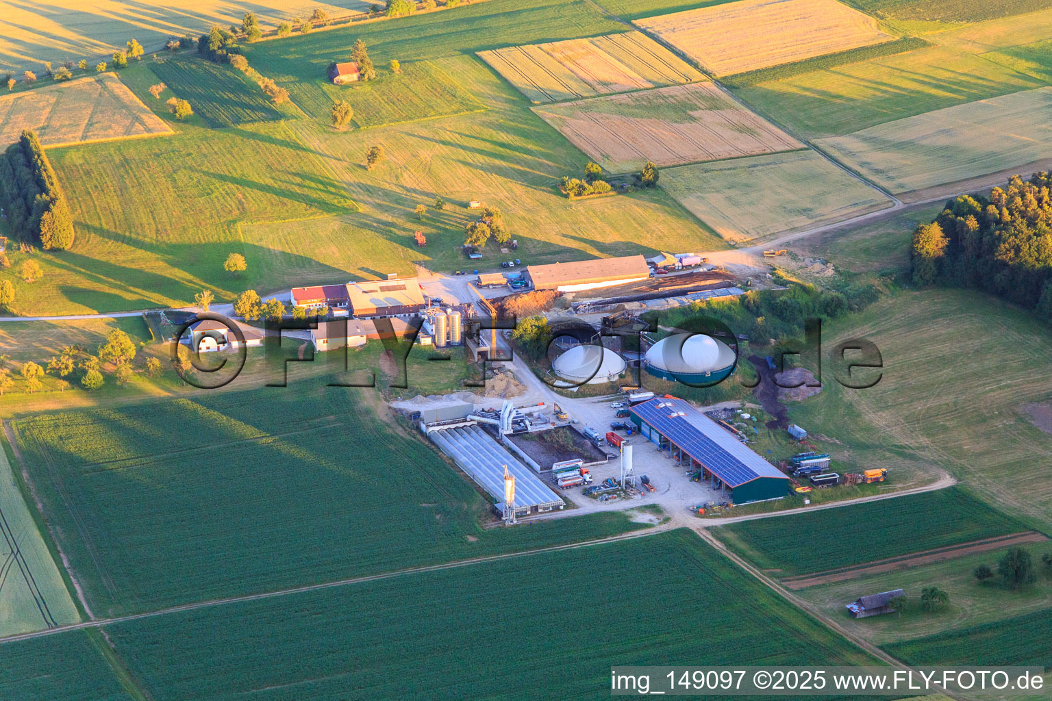 Biogas reactors and PV roofs at Birkhof Energie KG in the district Glatt in Sulz am Neckar in the state Baden-Wuerttemberg, Germany