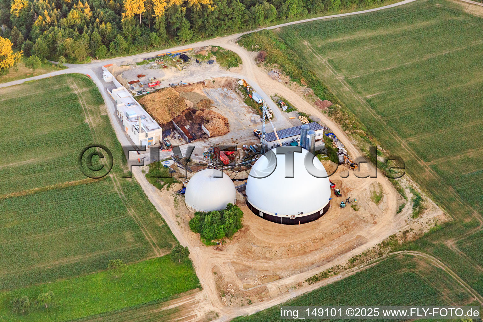 Aerial view of Biogas reactors and PV roofs in Sulz am Neckar in the state Baden-Wuerttemberg, Germany
