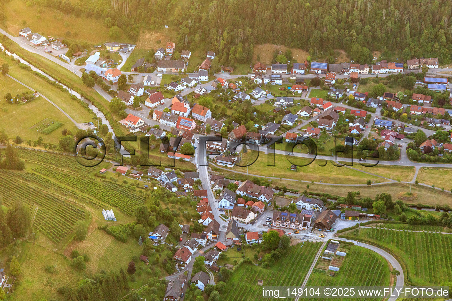 Village view in the Glatt Valley from the south in the district Hopfau in Sulz am Neckar in the state Baden-Wuerttemberg, Germany