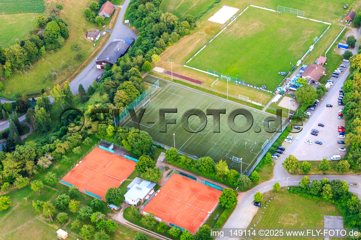Aerial view of Sports fields of the tennis club and the TSF Dornhan in Dornhan in the state Baden-Wuerttemberg, Germany