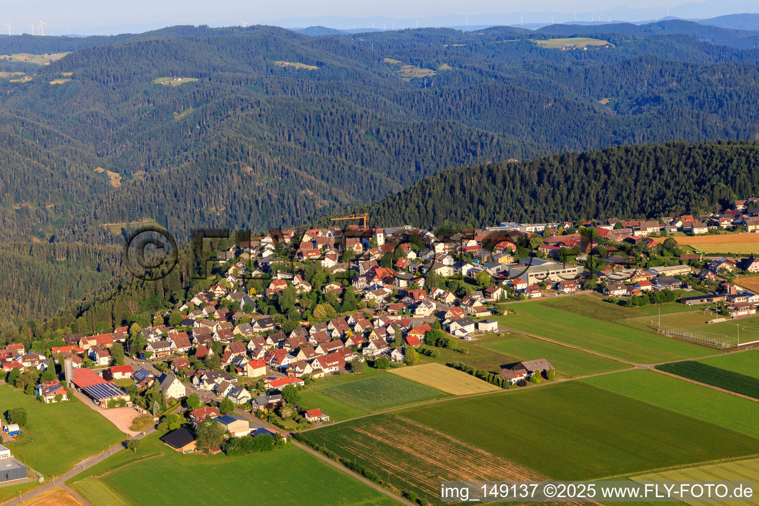 View of the town from the east with Josef Merz Hall in the district Vorderaichhalden in Aichhalden in the state Baden-Wuerttemberg, Germany