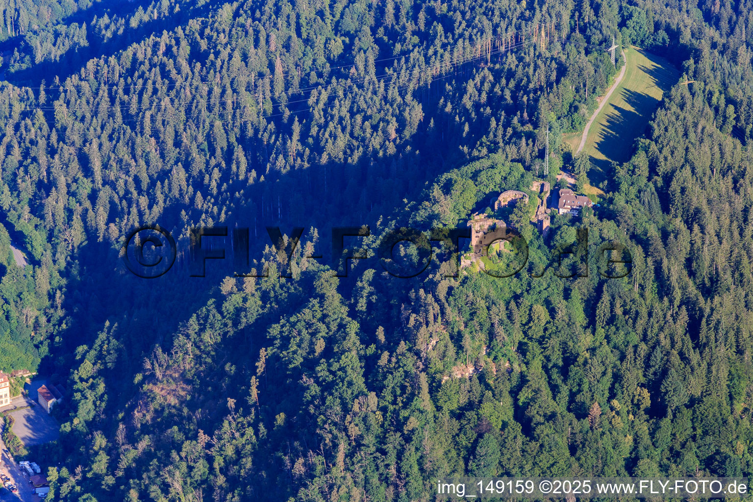 Aerial view of Hohenschramberg Castle Ruins in Schramberg in the state Baden-Wuerttemberg, Germany
