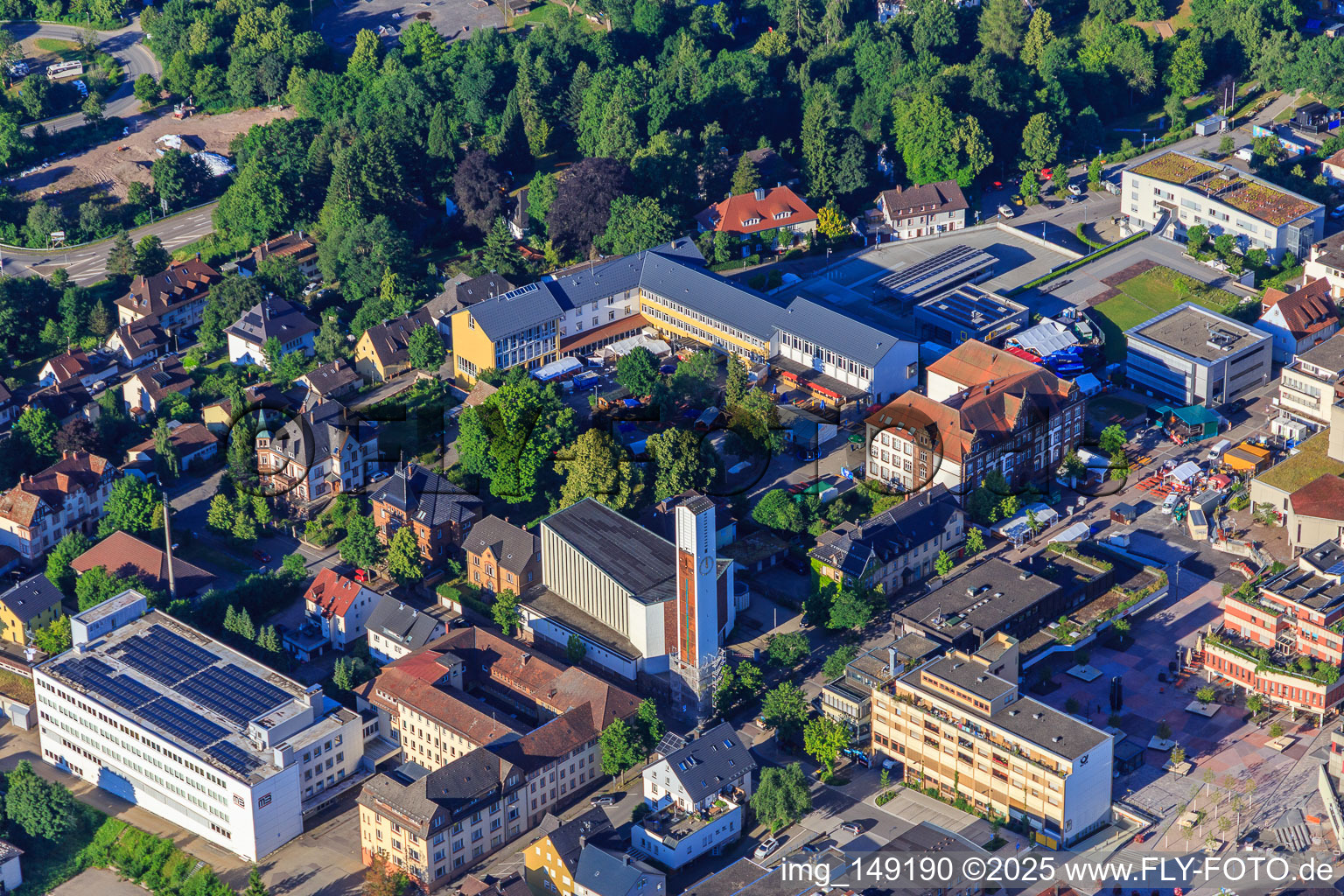 Gewerbehallestraße with St. George's Church and Robert Gerwig School in the district Saint Georgen im Schwarzwald in St. Georgen im Schwarzwald in the state Baden-Wuerttemberg, Germany