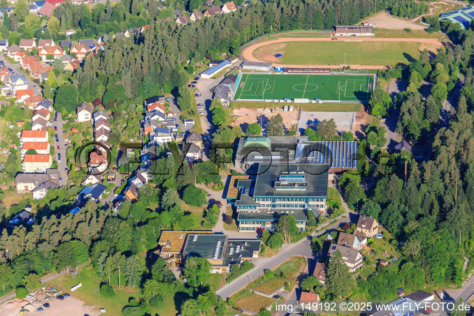 Indoor swimming pool, secondary school, Thomas-Strittmatter-Gymnasium, and Roßbergstadion in the district Saint Georgen im Schwarzwald in St. Georgen im Schwarzwald in the state Baden-Wuerttemberg, Germany