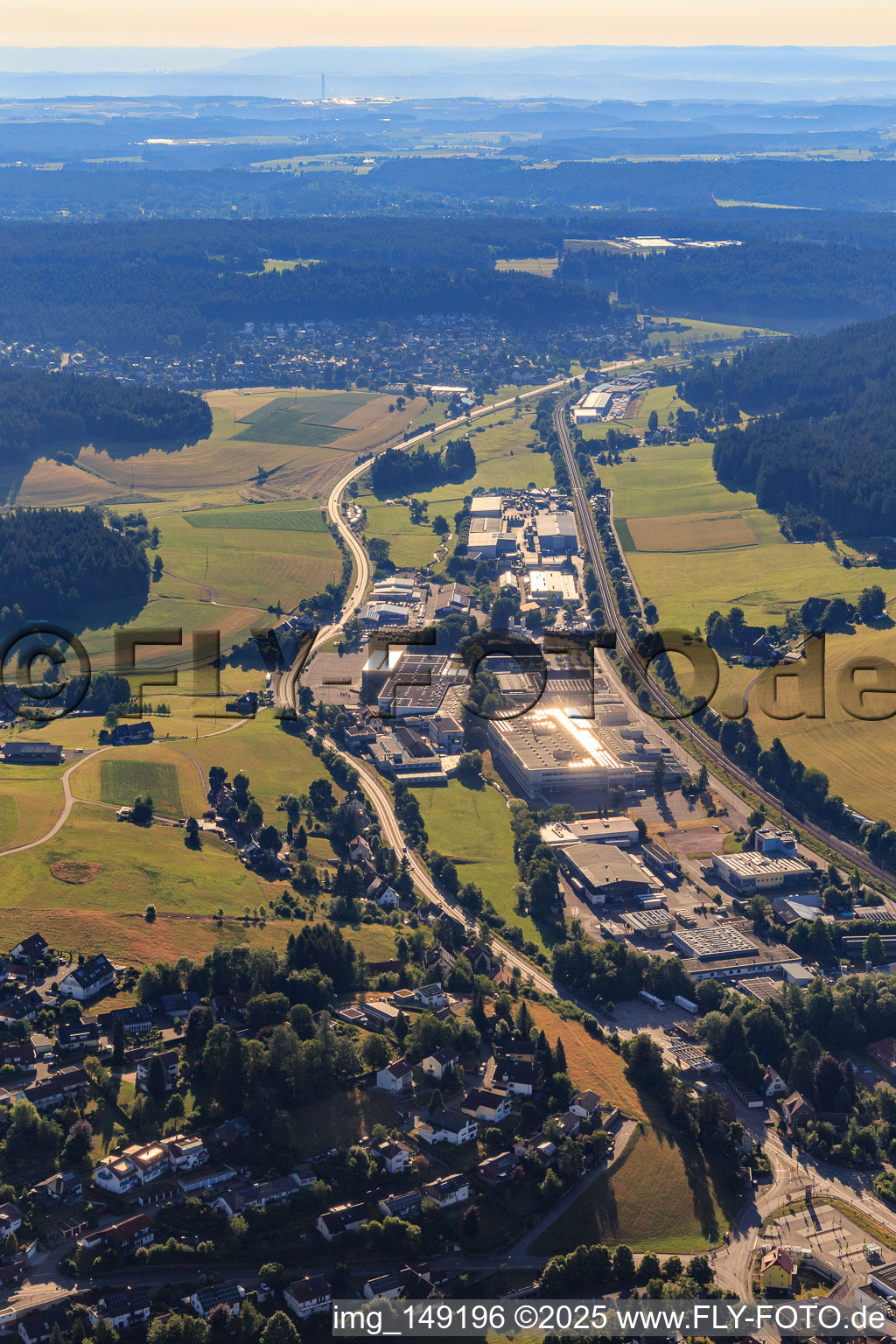 Industrial area Industriestraße from the west between railway and B33 in the district Saint Georgen im Schwarzwald in St. Georgen im Schwarzwald in the state Baden-Wuerttemberg, Germany
