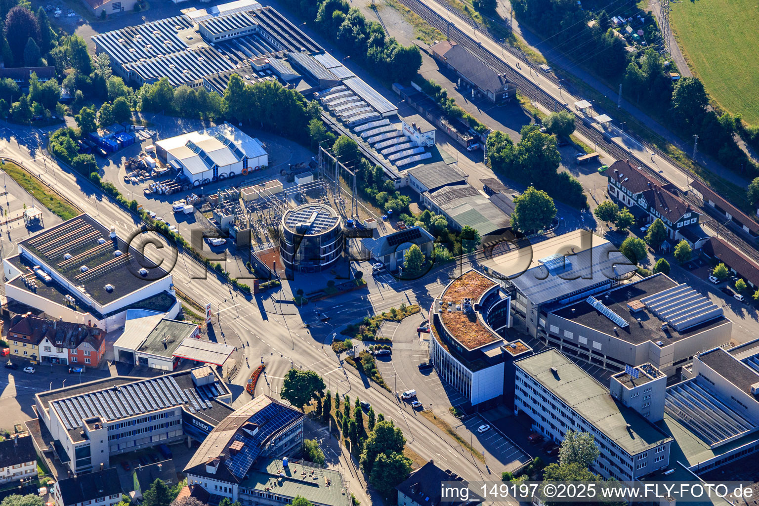 Aerial view of OTC ST. GEORGEN at the PE commercial center, Building 8 at the train station with M&M Software GmbH, HMT – Häseler Metall Technik GmbH and EGT Gebäudetechnik GmbH - St. Georgen location in the district Saint Georgen im Schwarzwald in St. Georgen im Schwarzwald in the state Baden-Wuerttemberg, Germany