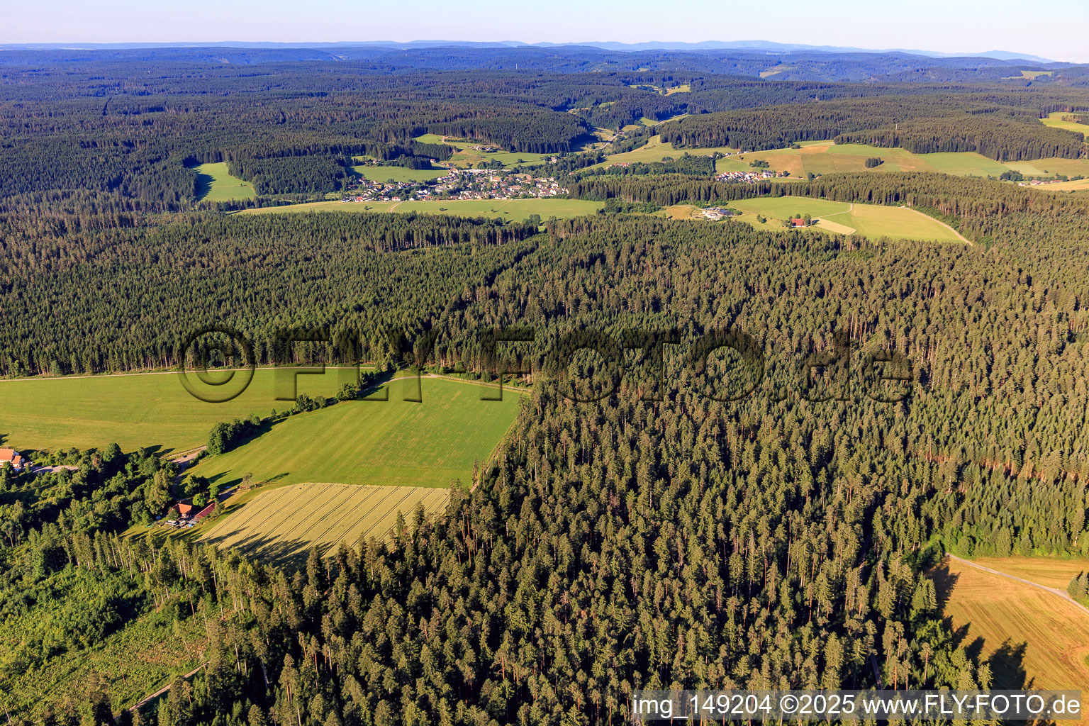 Aerial view of View of the Black Forest from the north in Unterkirnach in the state Baden-Wuerttemberg, Germany