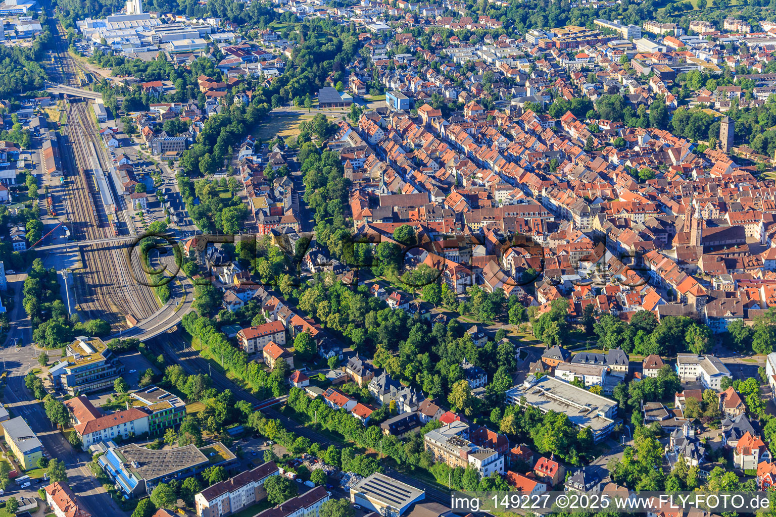 Station Villingen (Schwarzw) and city center from the northeast in the district Villingen in Villingen-Schwenningen in the state Baden-Wuerttemberg, Germany