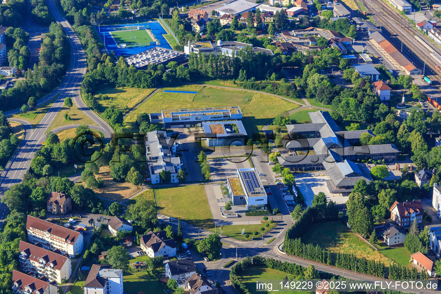 Aerial view of Schwarzwald-Baar District Office, Südwestmetall - Association of the Metal and Electrical Industry, Schwarzwald-Hegau District Group, Labor Court Villingen-Schwenningen and Deutsche Bundesbank - Branch Villingen-Schwenningen in the district Villingen in Villingen-Schwenningen in the state Baden-Wuerttemberg, Germany