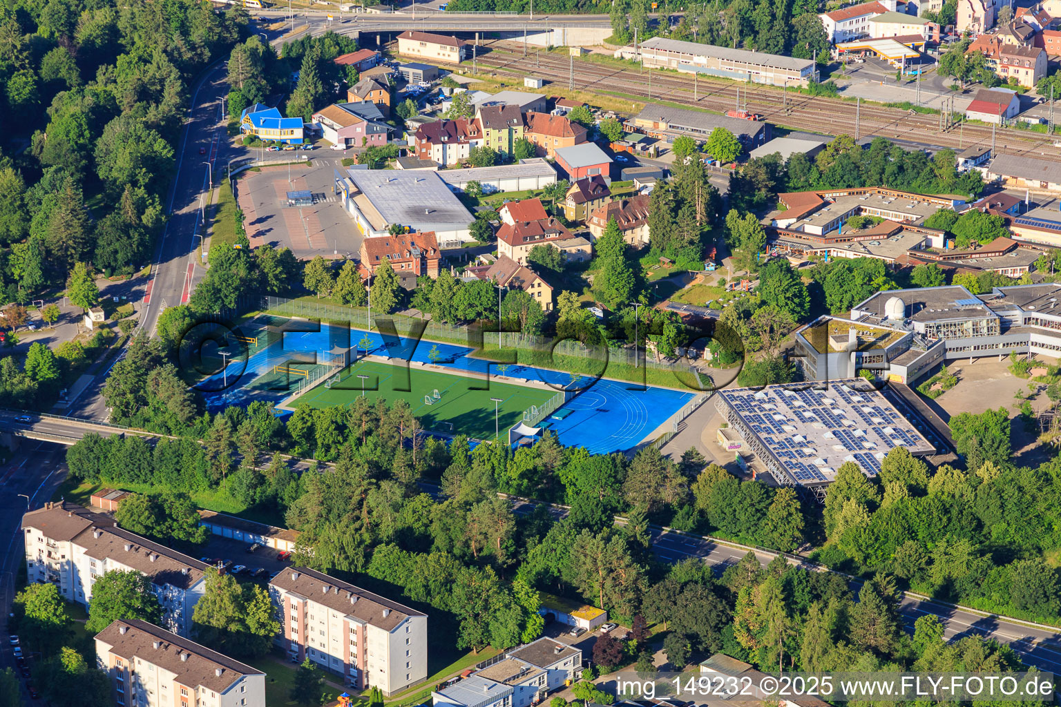Aerial view of Sports field and hall of TV Villingen 1848 and the Gymnasium am Hoptbühl in the district Villingen in Villingen-Schwenningen in the state Baden-Wuerttemberg, Germany