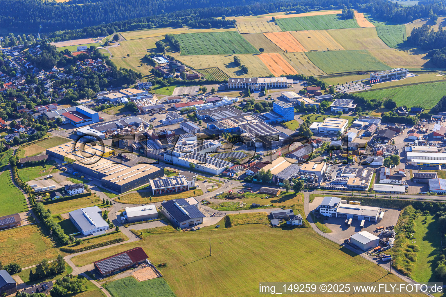 Aerial view of Gewerbestraße industrial area with Stein Automation GmbH & Co. KG, TOURATECH GmbH, Joh. Nep. Jerger GmbH & Co. KG and Stein Automation GmbH & Co. KG in Niedereschach in the state Baden-Wuerttemberg, Germany