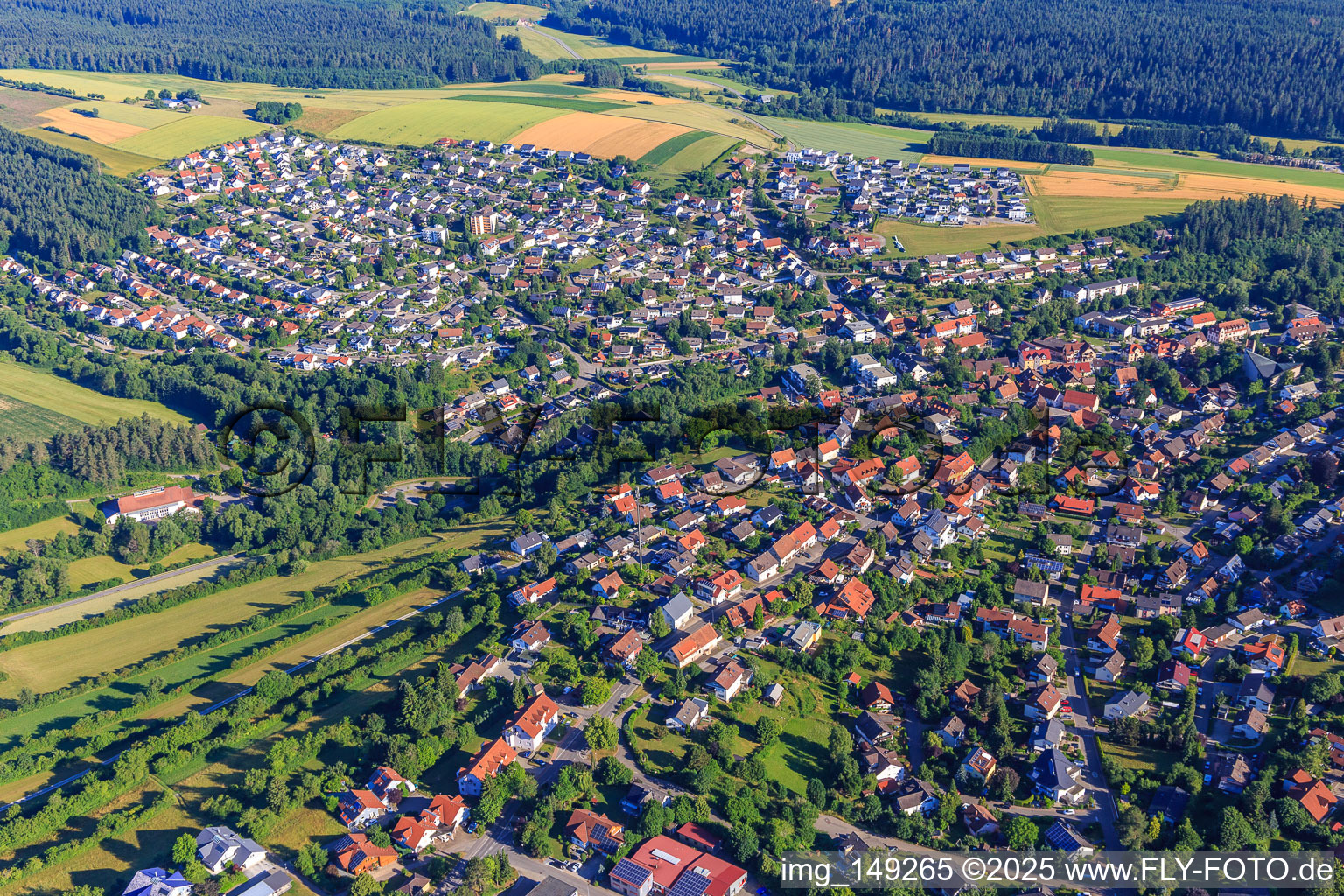 Aerial view of Overview of the town from the southeast in Niedereschach in the state Baden-Wuerttemberg, Germany