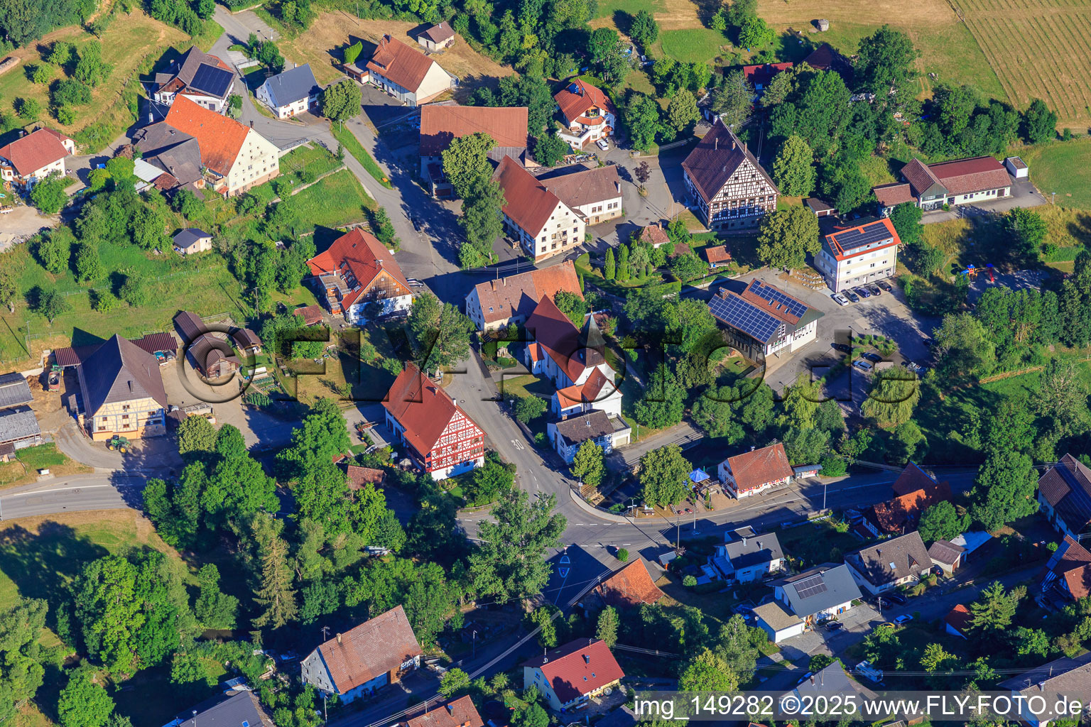 Aerial view of Rathausgasse with half-timbered town hall and church of St. Leodegar in the district Stetten in Zimmern ob Rottweil in the state Baden-Wuerttemberg, Germany