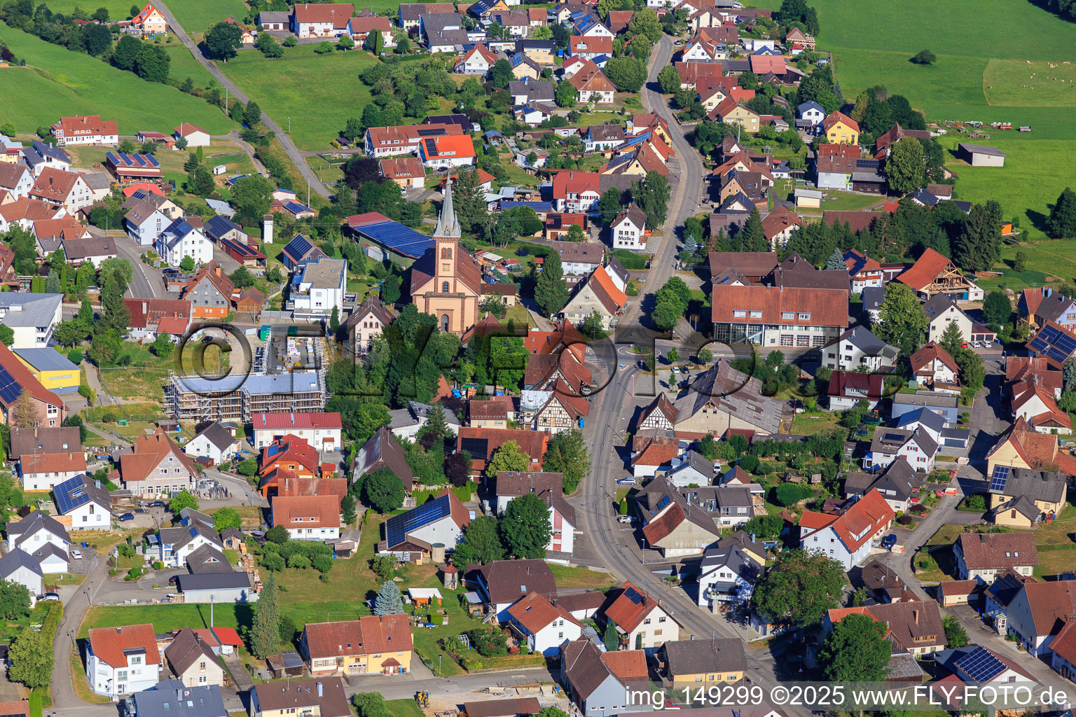 Catholic Church of St. George and Heim Baustoffe GmbH in the district Seedorf in Dunningen in the state Baden-Wuerttemberg, Germany