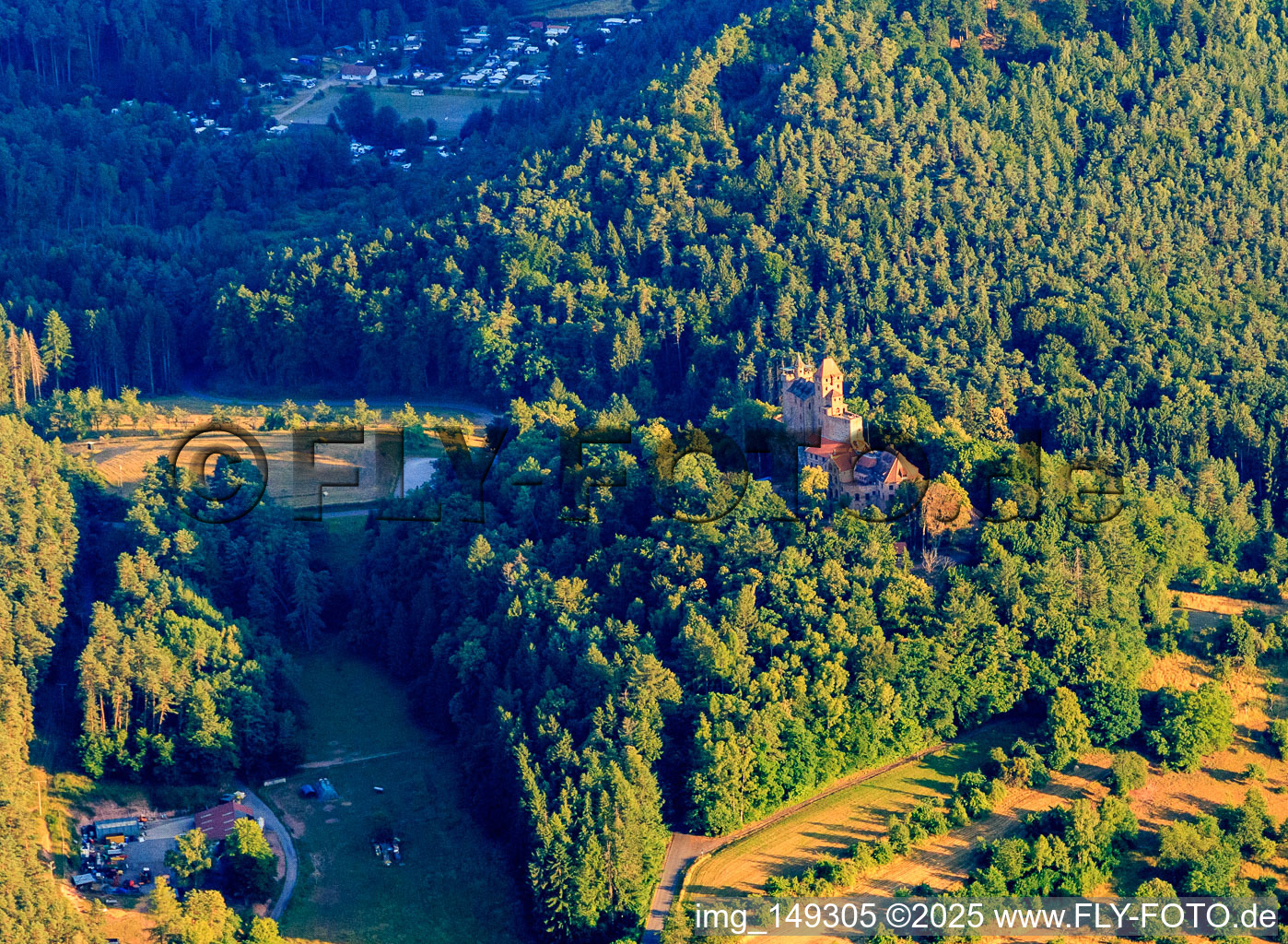 Drone image of Berwartstein Castle in Erlenbach bei Dahn in the state Rhineland-Palatinate, Germany