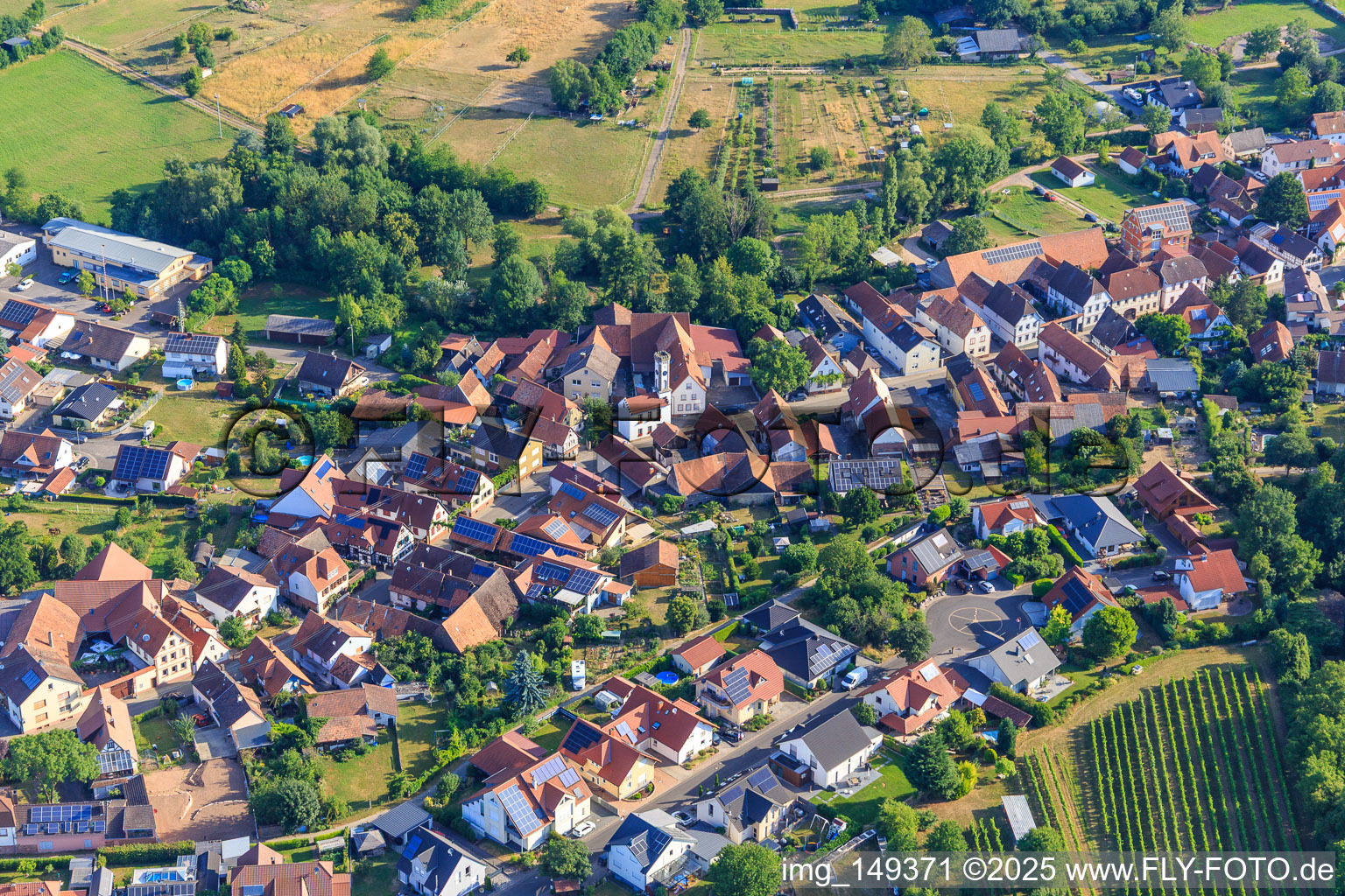 Village view from the south with tower in Oberhausen in the state Rhineland-Palatinate, Germany