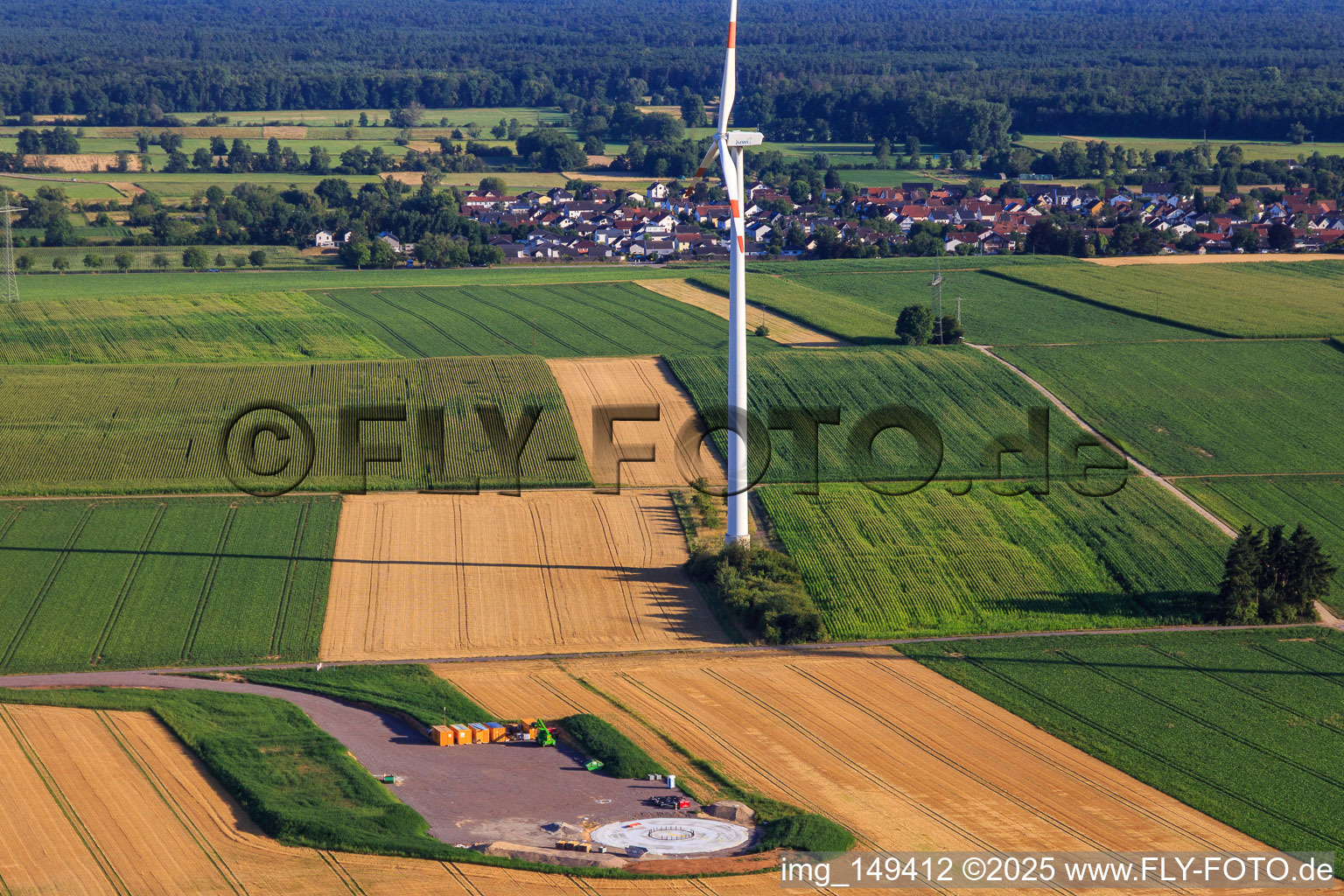 Aerial photograpy of Repowering Wind Farm Minfeld. JUWI replaces four old turbines (GE 1.5) from 2004 with two new, modern Vestas V162 turbines, each with six megawatts. in Minfeld in the state Rhineland-Palatinate, Germany