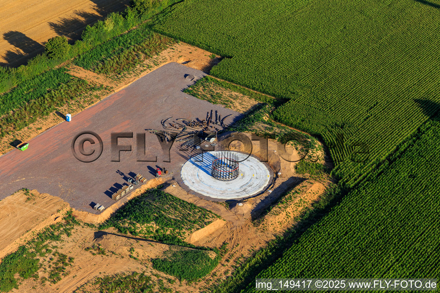 Repowering Wind Farm Minfeld. JUWI replaces four old turbines (GE 1.5) from 2004 with two new, modern Vestas V162 turbines, each with six megawatts. in Minfeld in the state Rhineland-Palatinate, Germany from above