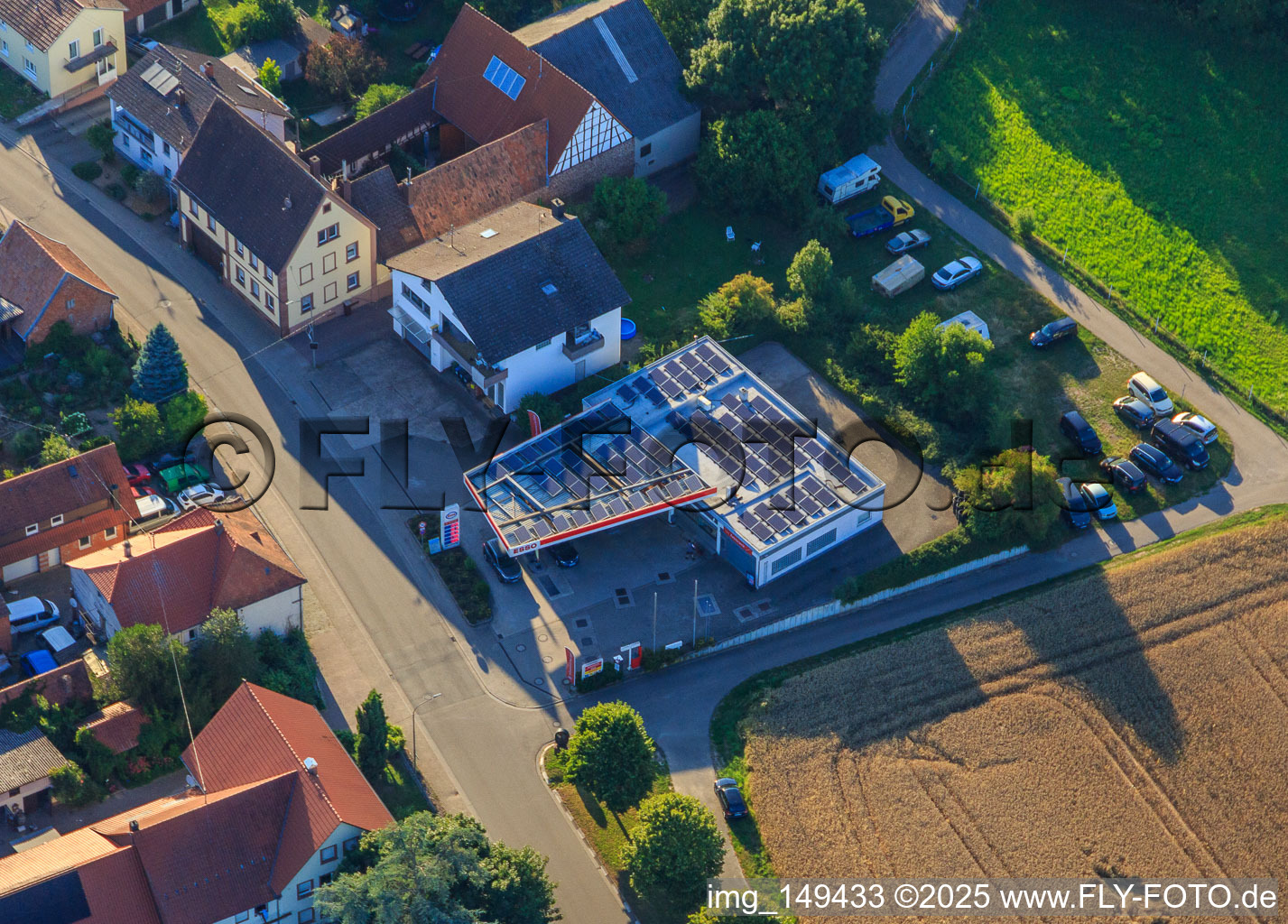Aerial view of Esso gas station Kurt Pfalzgraf in Oberhausen in the state Rhineland-Palatinate, Germany