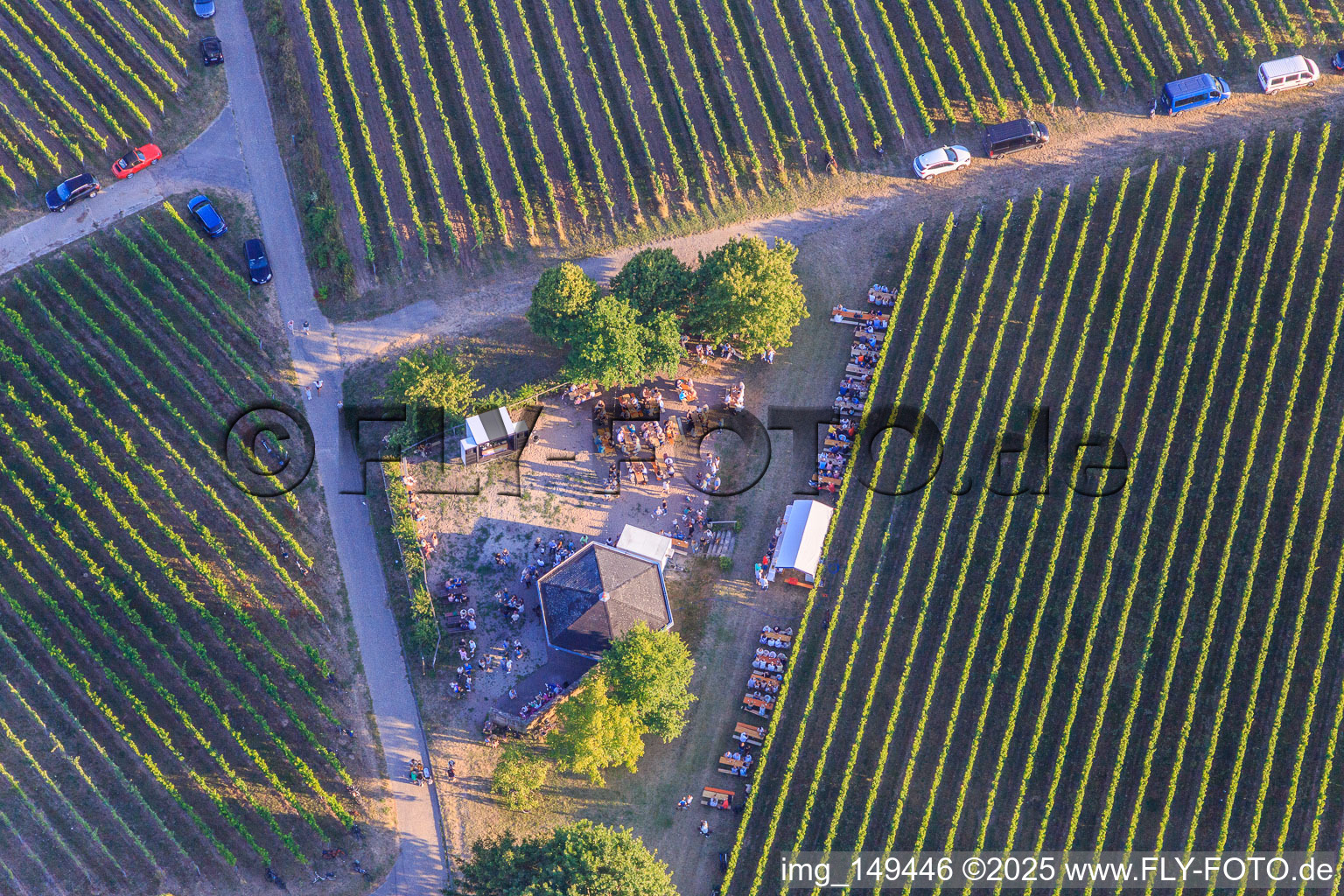 Aerial photograpy of Wine festival at the grill hut Weinpanorama in the district Heuchelheim in Heuchelheim-Klingen in the state Rhineland-Palatinate, Germany
